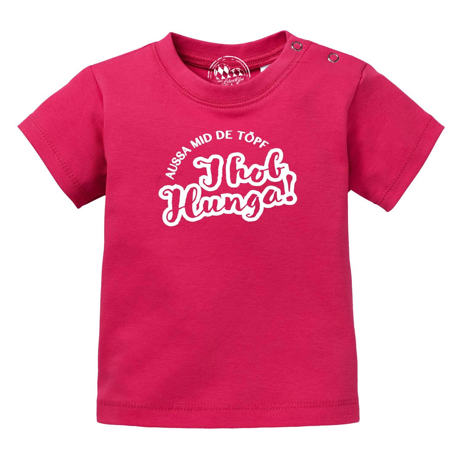 Baby T-Shirt "Aussa mid de Töpf…" in leuchtendem Pink mit weißem Spruch und Druckknöpfen an der Schulter
