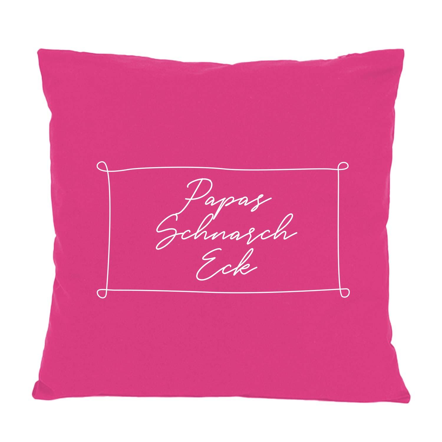 Pinkes Kissen Papas Schnarch Eck mit weißem Schriftzug und rechteckigem Rahmen, gemütliches Statement-Kissen