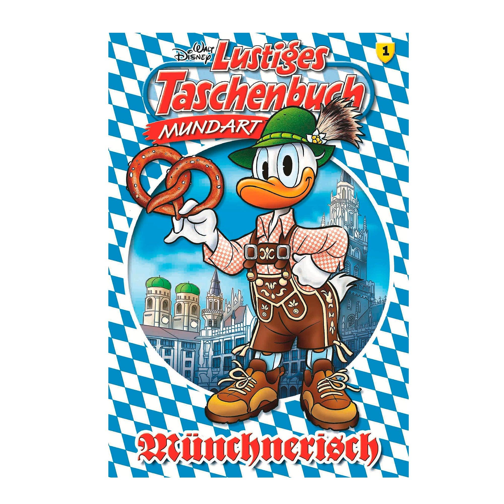 Comicbuch auf Bairisch mit farbigem Cover, rotem Rücken und Donald Duck im Trachten-Outfit vorne.