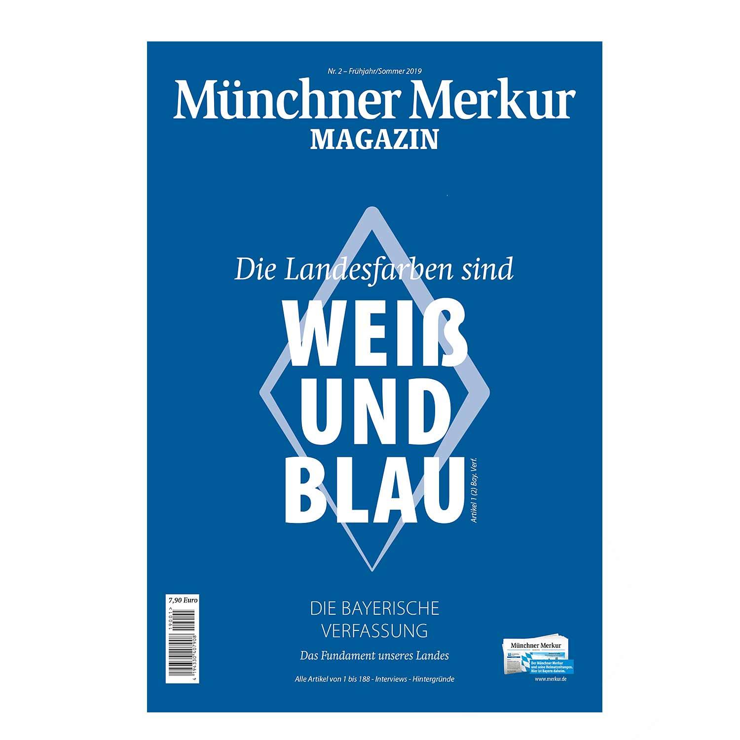 Magazin mit blau-weißem Cover, Titel „Die Landesfarben sind WEIß UND BLAU“, enthält Bayerns Verfassung samt Interviews.
