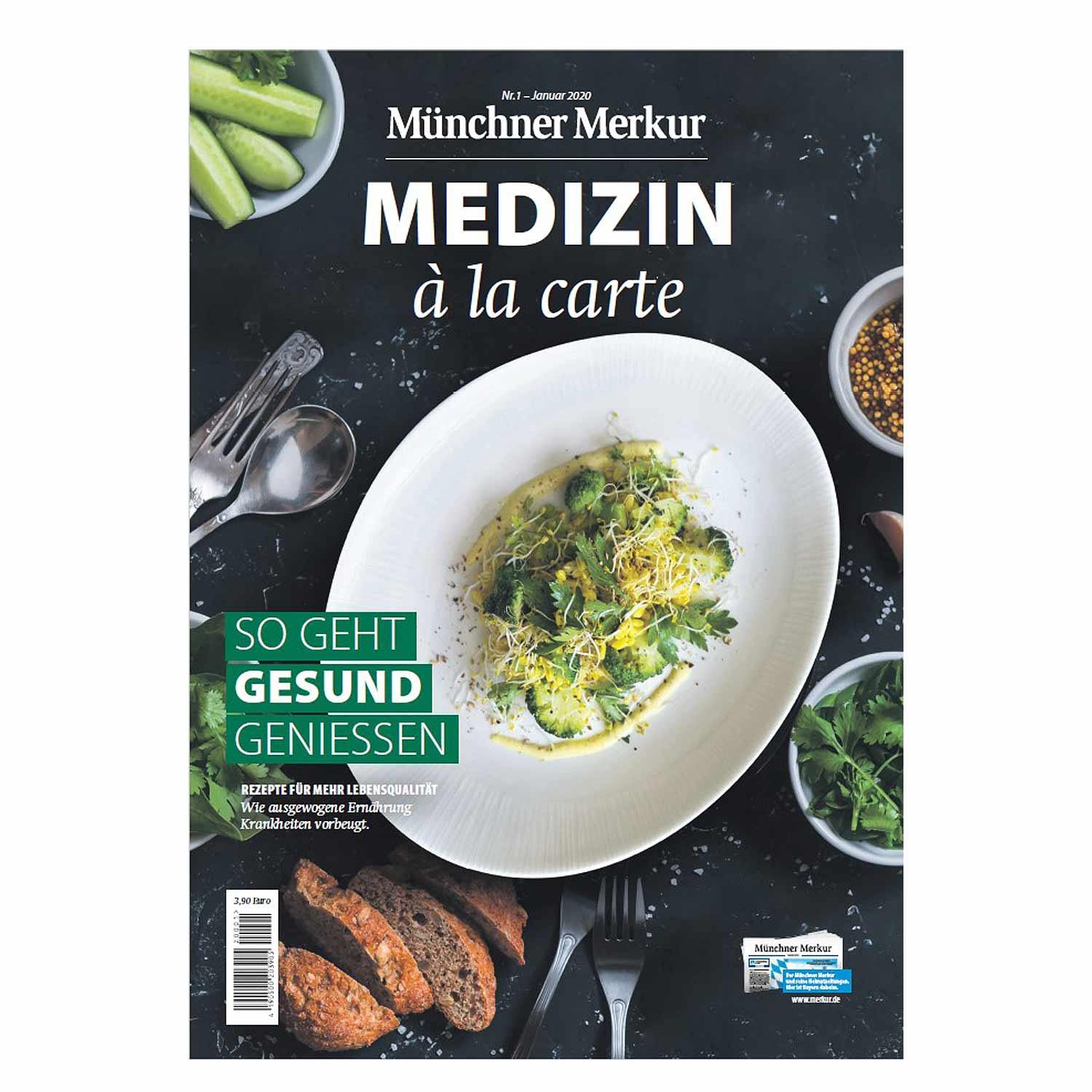 Magazin mit farbigem Titelbild, Aufdruck „Medizin à la carte“, Tipps von Dr. Feddersen und Rezeptideen.