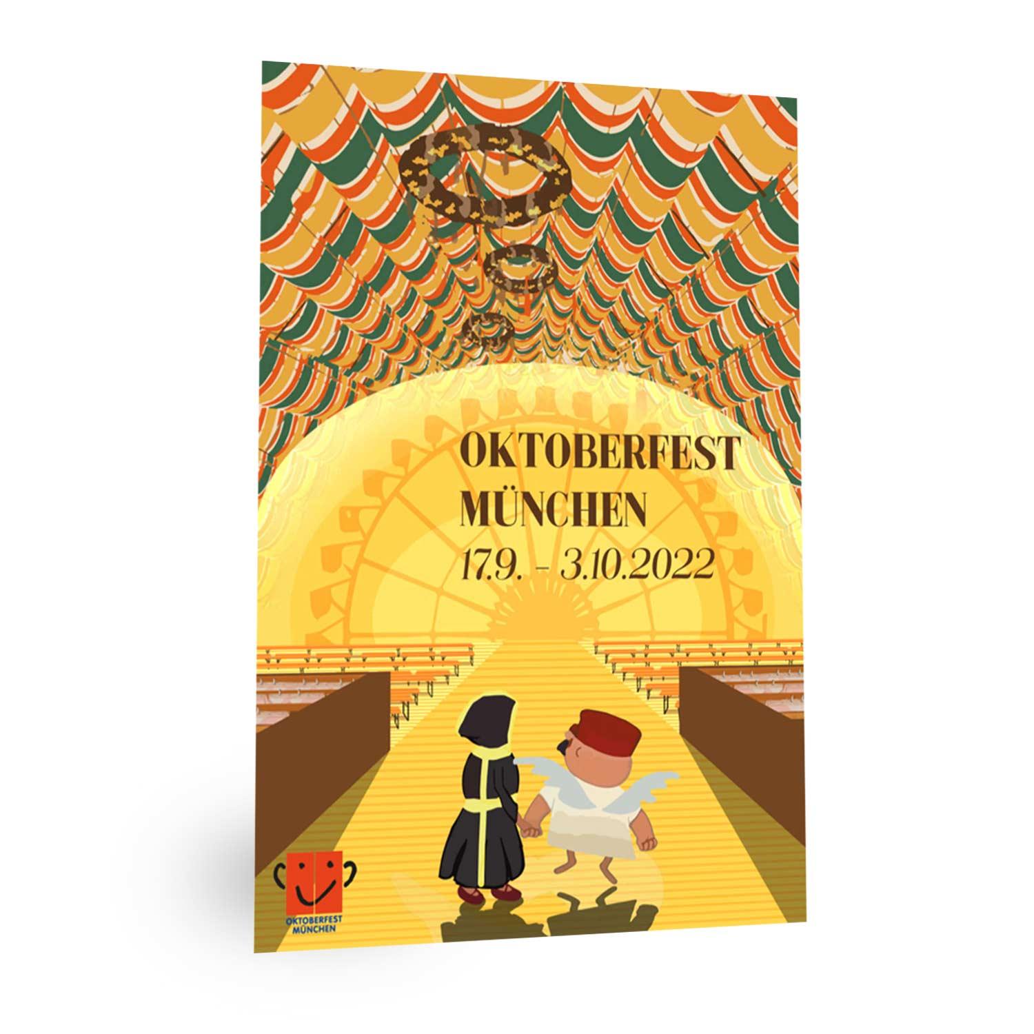 Rechteckiger Magnet mit offiziellem Wiesn-Plakat 2022 und "Oktoberfest 2022"-Schriftzug, ca. 5 x 8 cm groß.