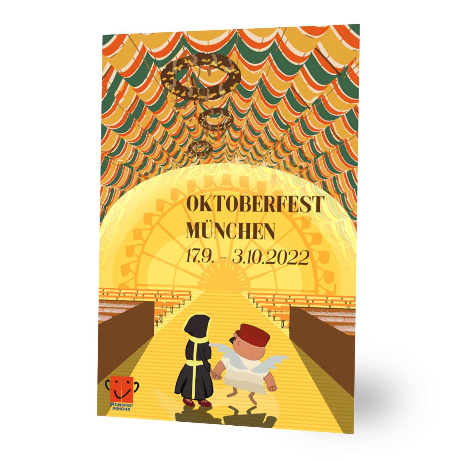 Rechteckiger Magnet mit dem offiziellen Wiesn-Plakat-Motiv 2022 und Schriftzug „Oktoberfest 2022“, ca. 5 × 8 cm.