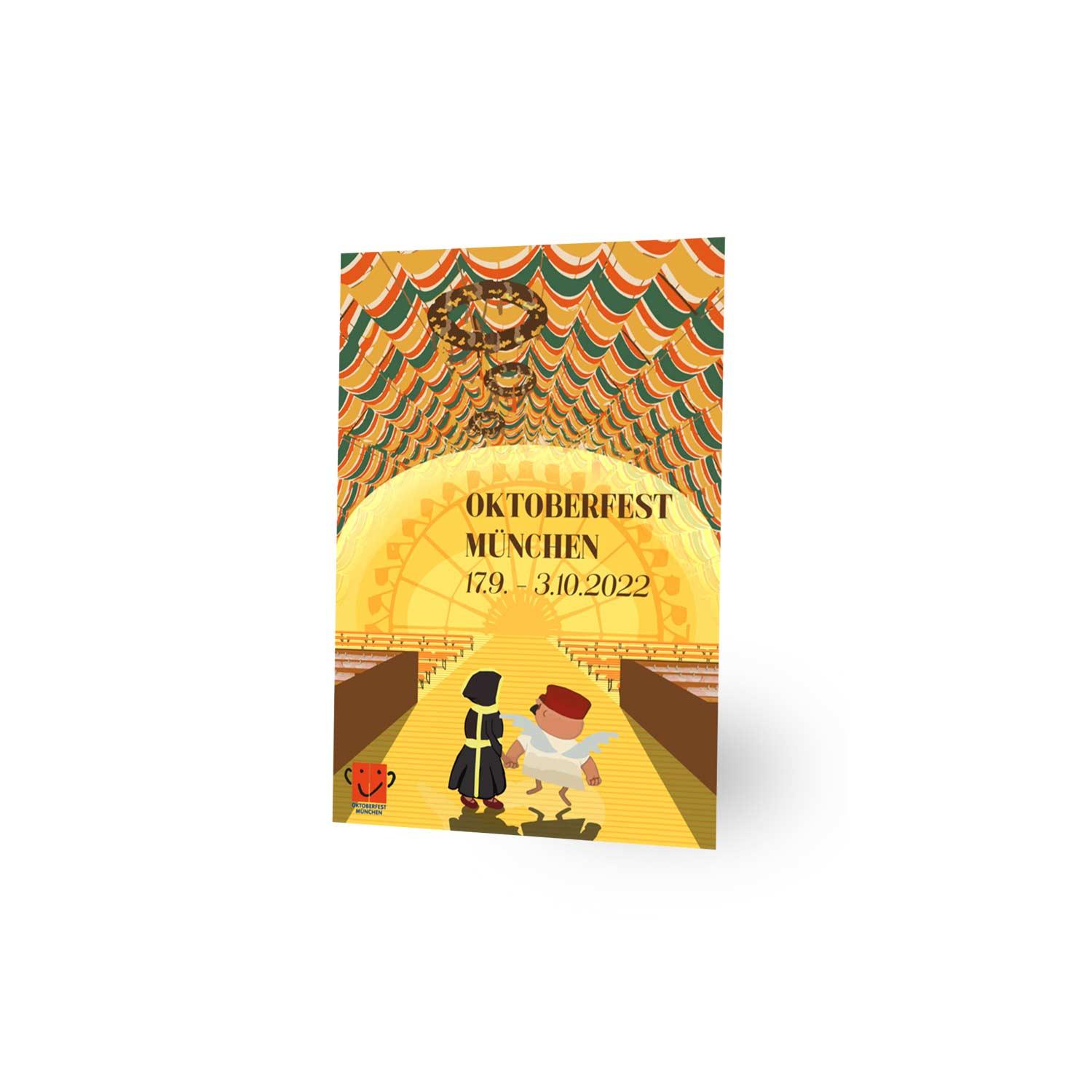 Rechteckiger Magnet mit dem offiziellen Wiesn-Plakatmotiv 2022 und Schriftzug „Oktoberfest 2022“; ca. 2,8 x 4 cm.