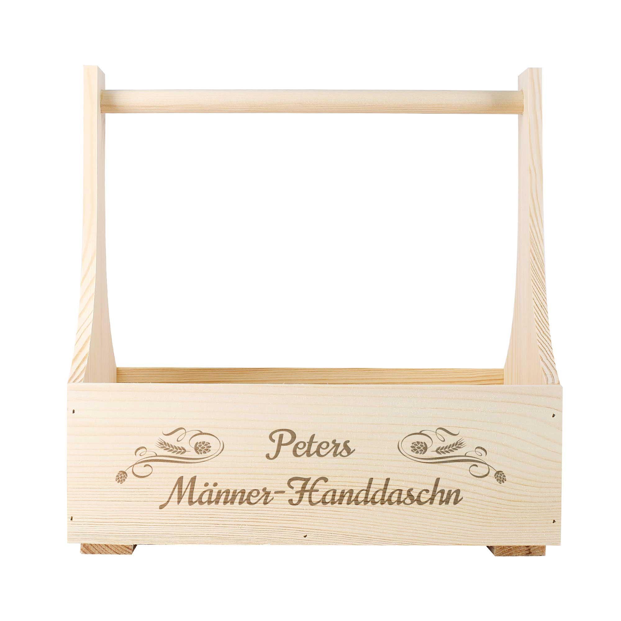 Braune Holz-Handtasche mit graviertem Wunschnamen, Tragegriff und Metallscharnieren in rustikaler Optik, 31×22×31 cm.