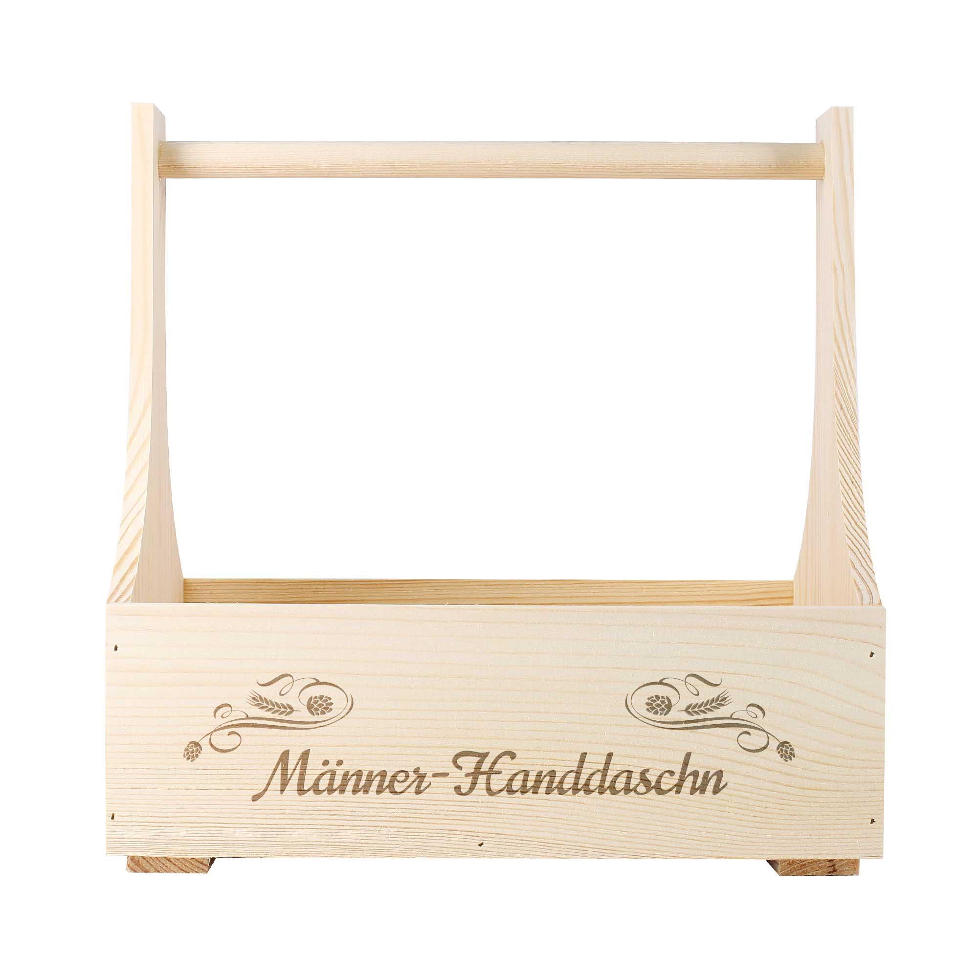 Rustikale Männer-Handtasche aus unbehandeltem Holz in Trapezform mit Metallgriff und graviertem Wunschnamen.