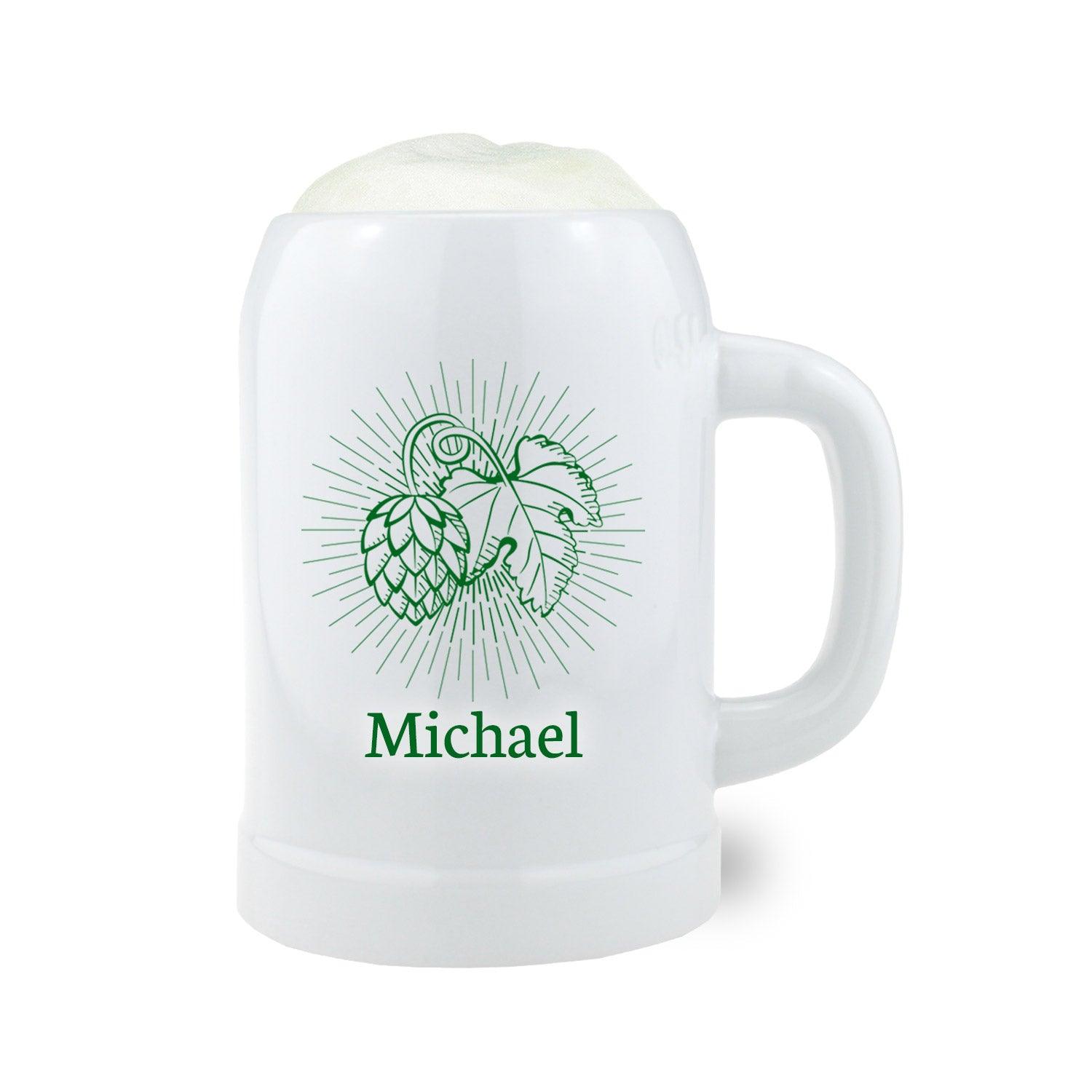 Personalisierter Bierkrug aus Keramik mit Henkel, 0,5 l, graviert mit Schriftzug „Hopfenkriagal“ und Wunschname.