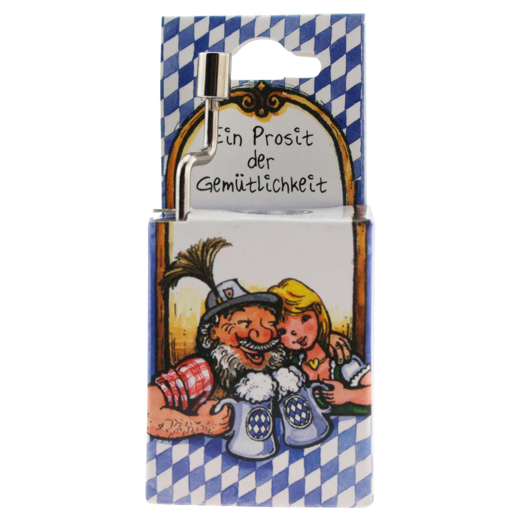 Mini-Drehorgel aus Metall mit Handkurbel, Holzgehäuse in Blau mit bayerischem Rautenmuster und Schriftzug.