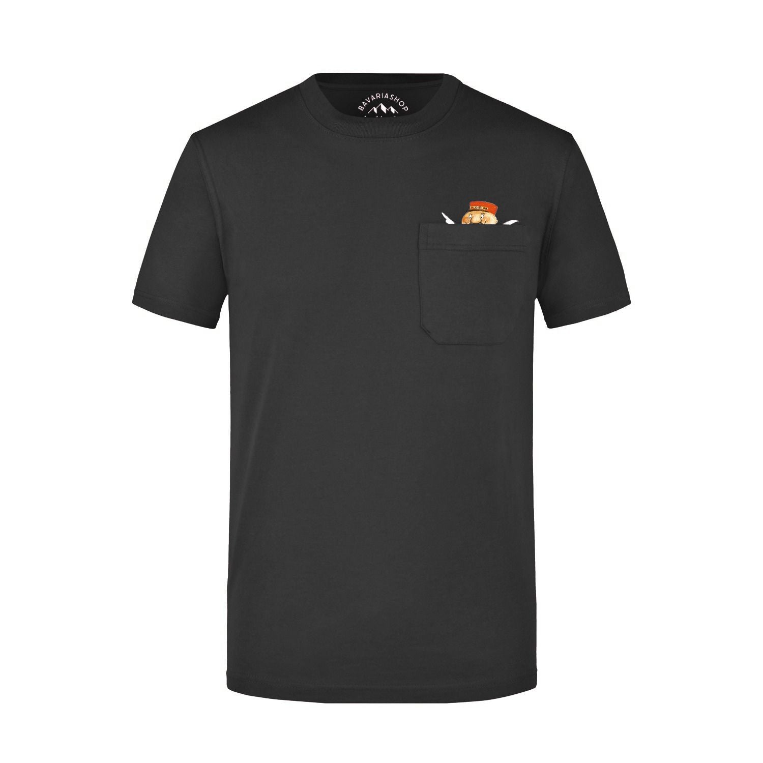 Schwarzes Angel Aloisius T-Shirt mit Brusttasche. Aloisius' Kopf schaut aus Tasche.