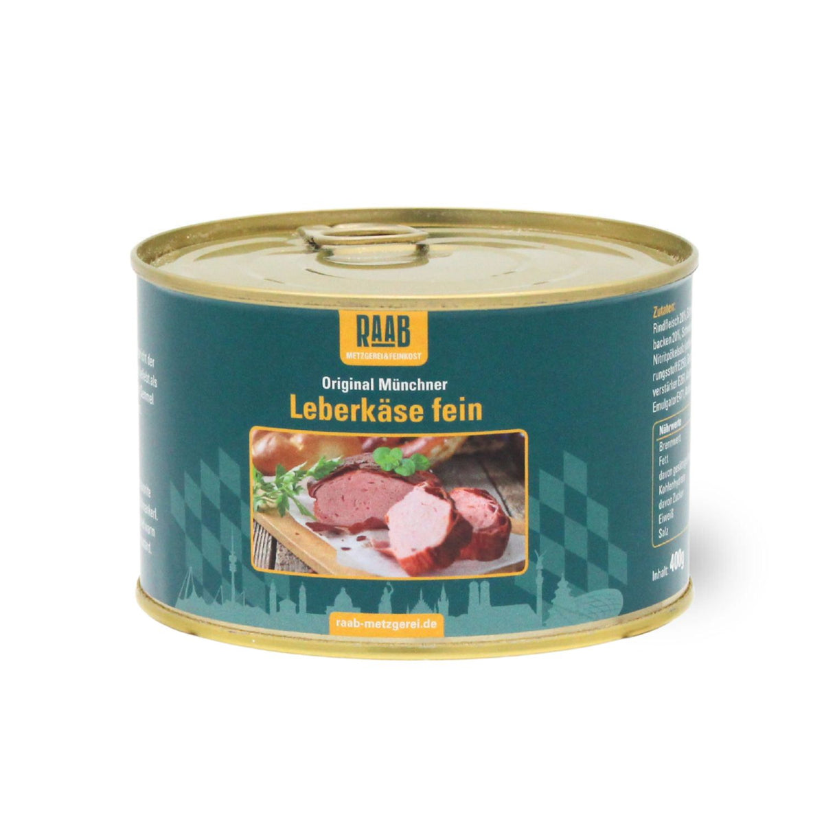 Ansprechende Dose Münchner Leberkäse fein mit bayerischem Rautenmuster und Serviervorschlag.