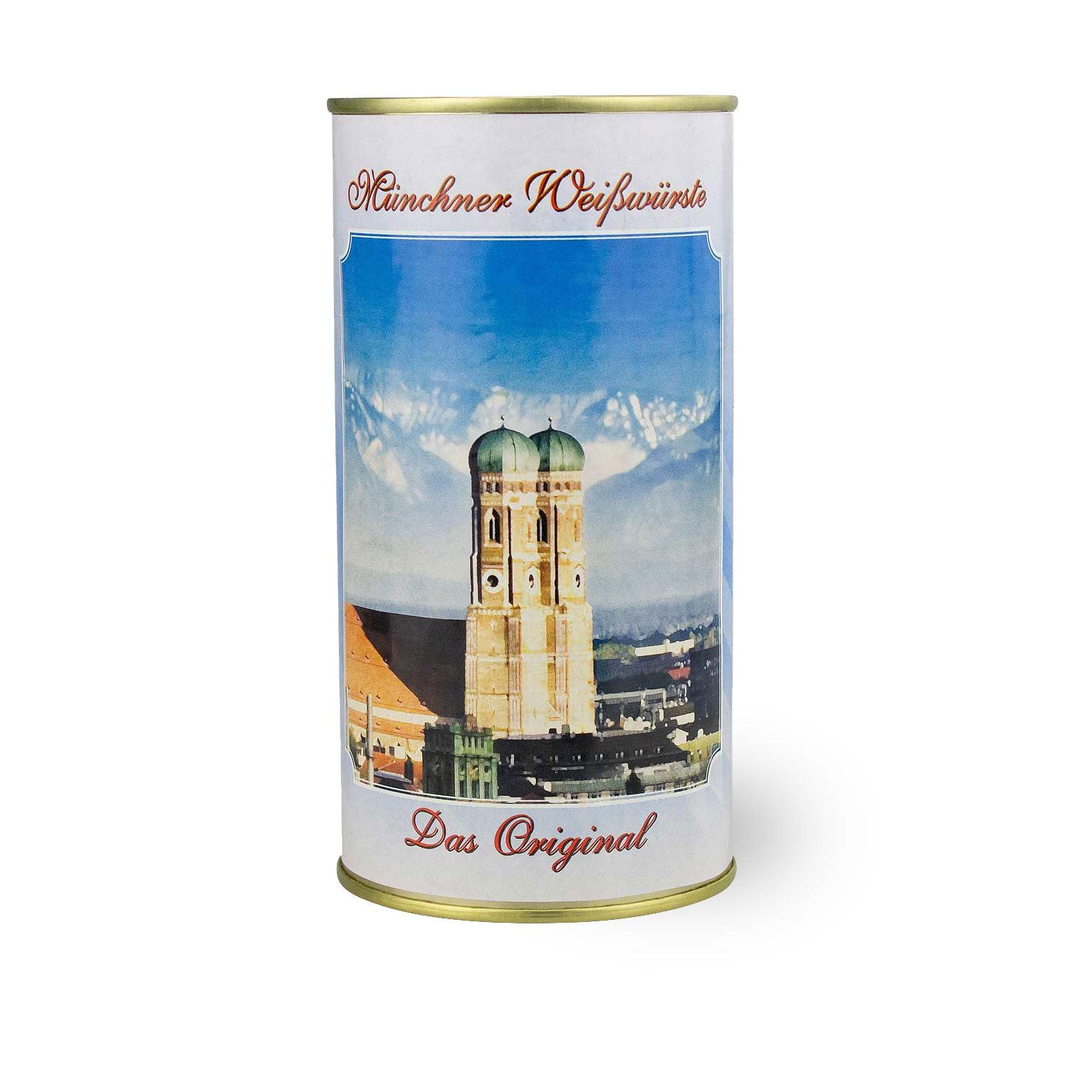 Vier blassweiße, glatte Weißwürste mit leicht gebogener Form, aus Schweine- und Kalbfleisch, in der Dose.