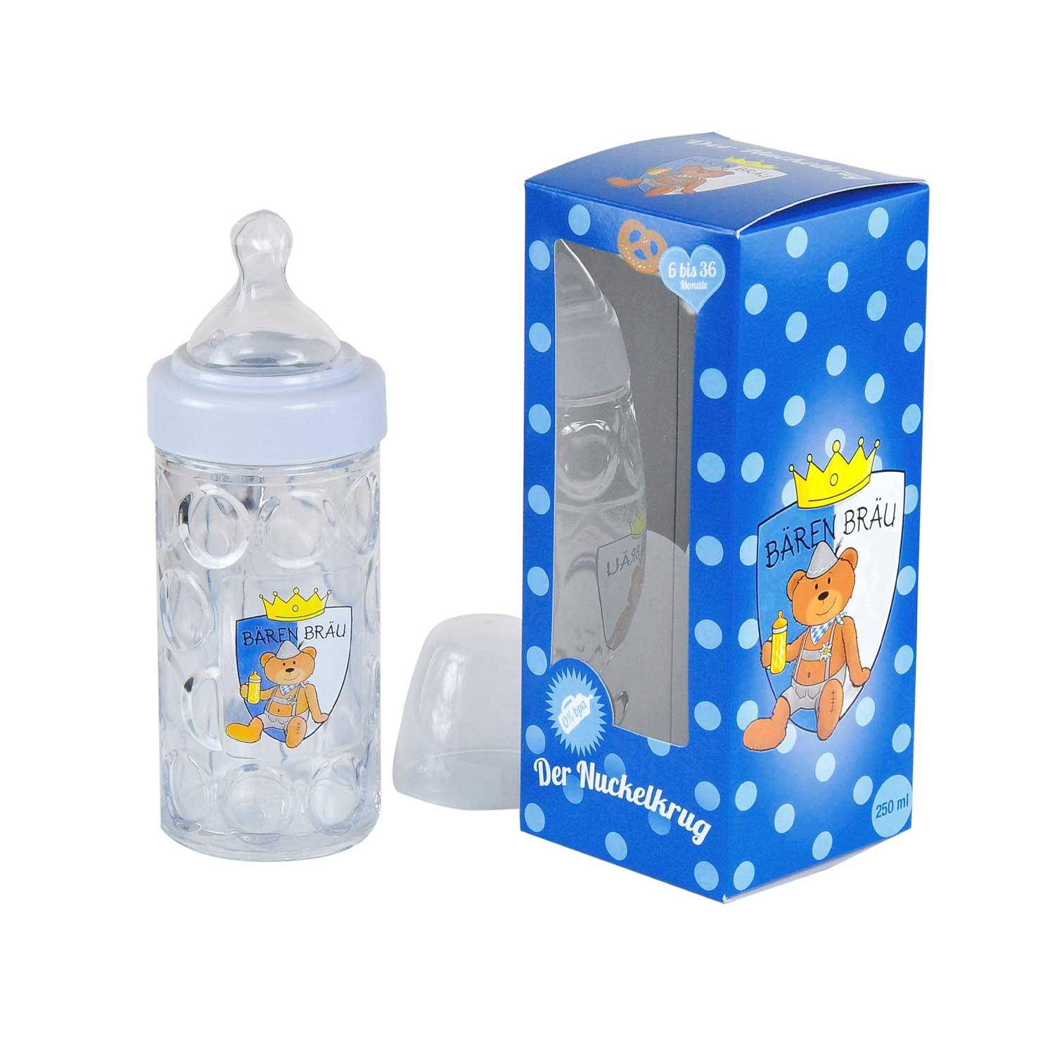 Blauer Trinkbecher in Bierkrug-Optik mit Henkel und Sauger, transparenter Deckel, weißer Schriftzug „Bierkrug“, BPA-frei.