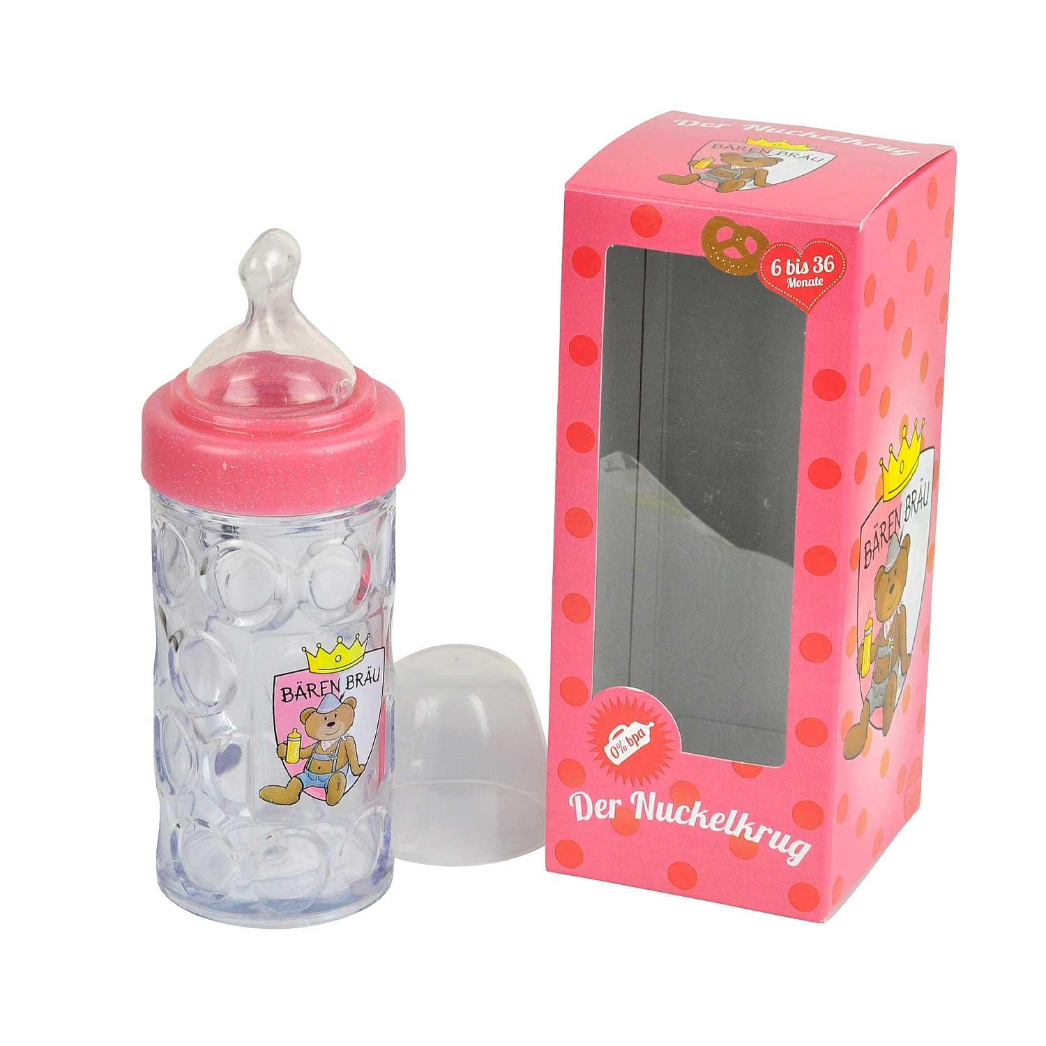 Rosa Babytrinkbecher in Bierkrug-Optik mit Henkel, Sauger aus Silikon, Becher aus BPA-freiem Kunststoff.