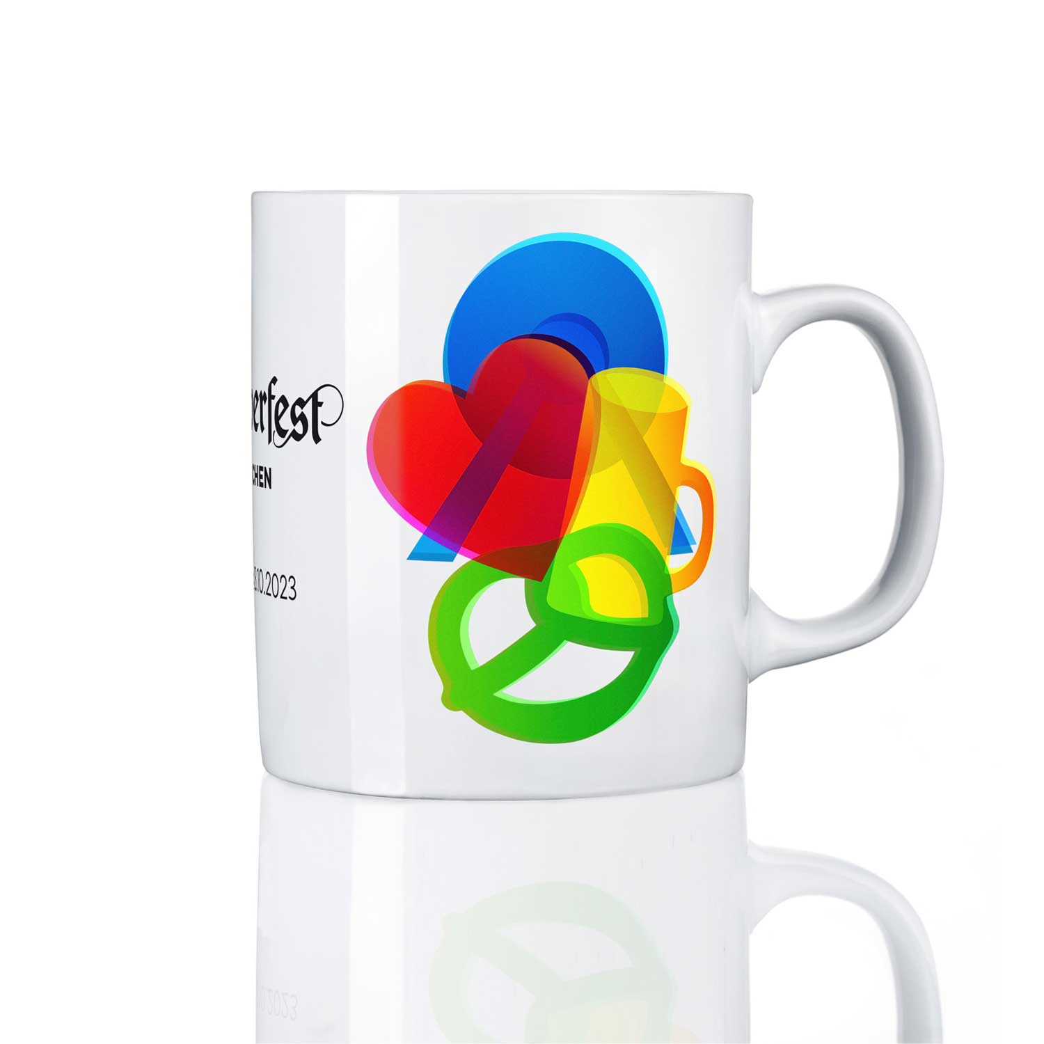 Oktoberfest-Sammlertasse 2023 mit offiziellem Plakatmotiv, Henkelbecher aus Keramik, ca. 310 ml, Höhe 91 mm.