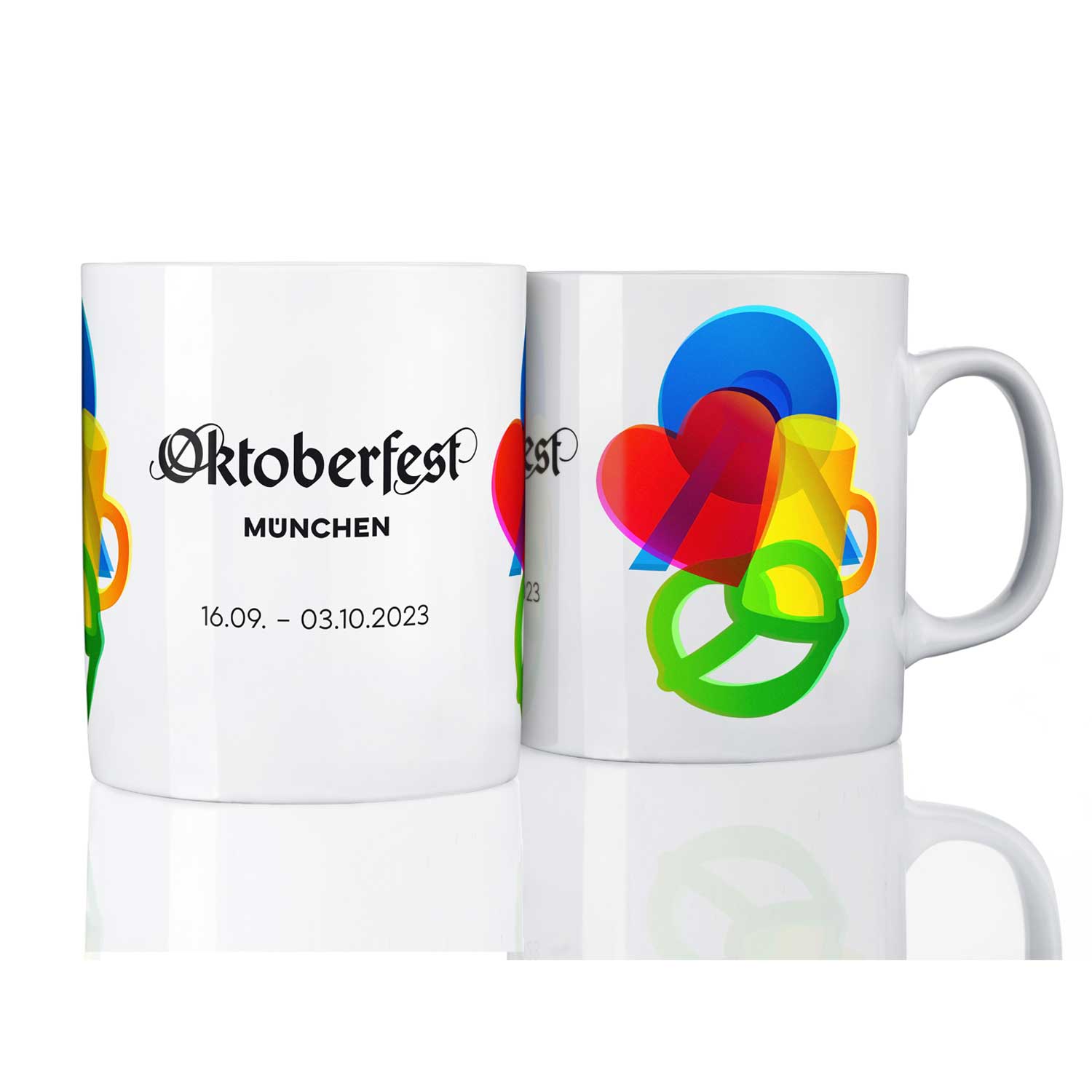 Keramiktasse mit Oktoberfest-Plakatmotiv 2023, Henkel, rundem Rand und Aufschrift „Oktoberfest München“. Füllmenge ca. 310 ml.