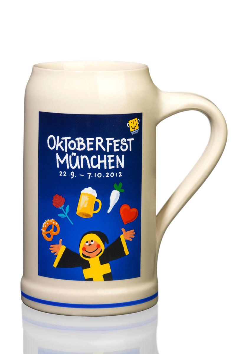 Oktoberfestkrug 2012 aus Steingut mit farbigem Wiesn-Motiv und Jahreszahl, bauchige Form, 1,0 Liter.