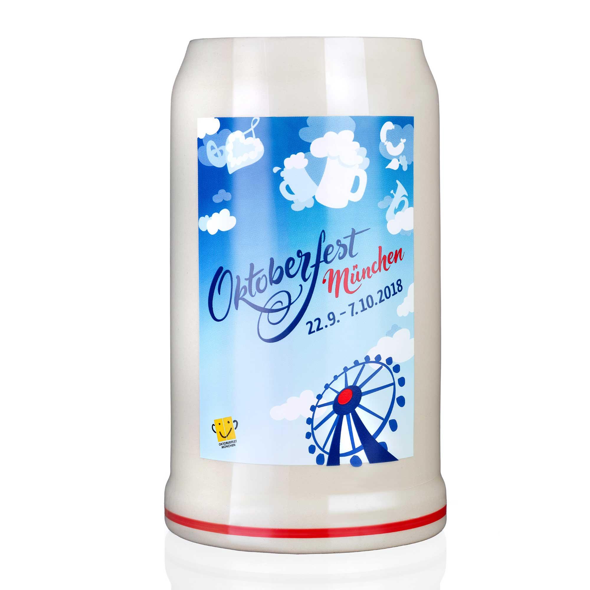 Oktoberfestkrug aus Steingut mit handgezogenem Griff, offiziellem Plakatmotiv 2018 und 1,0 Liter Fassungsvermögen.