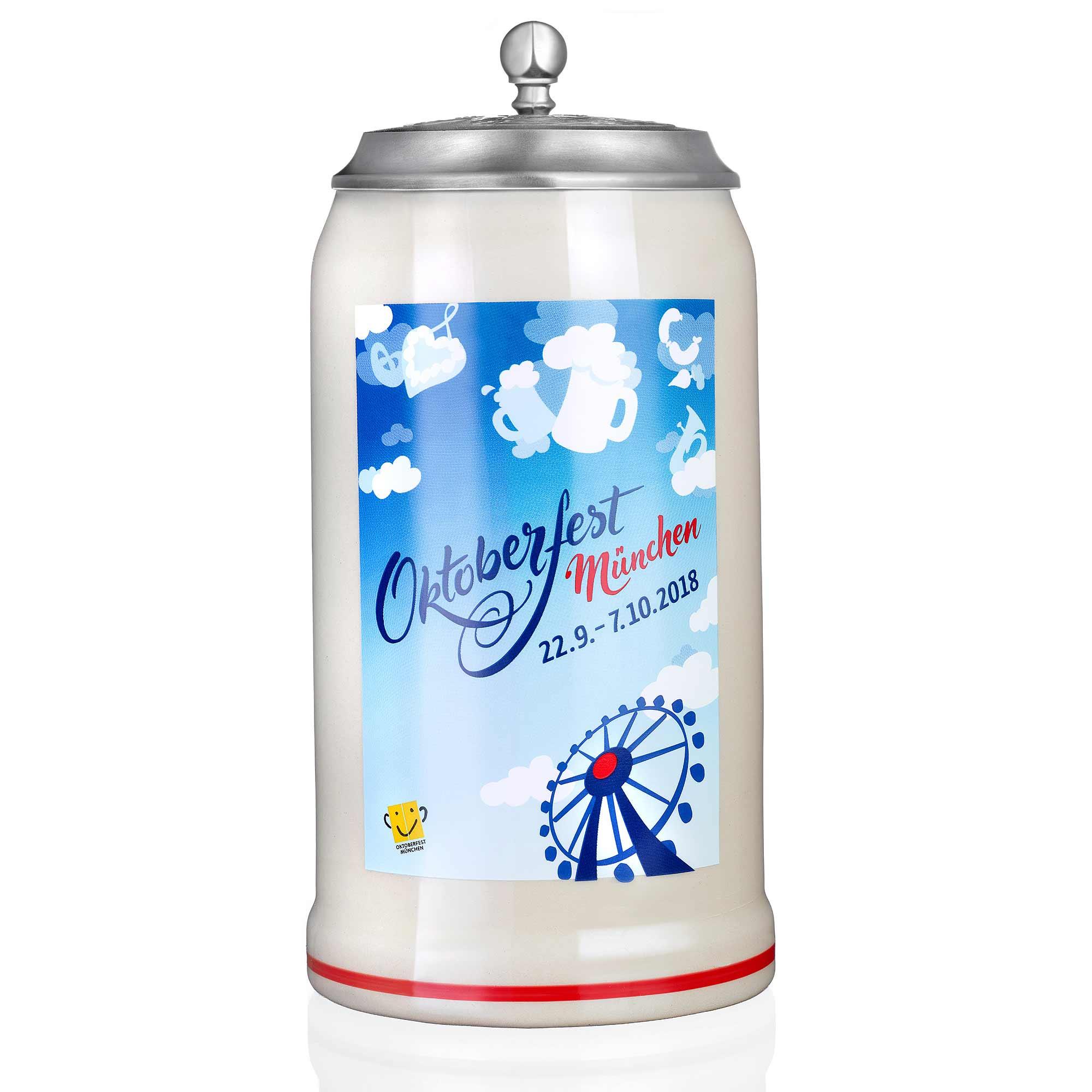 Oktoberfestkrug 2018 aus Steingut mit Zinndeckel, Masskrugform, Plakatmotiv und handgezogenem Henkel, 1,0 Liter.