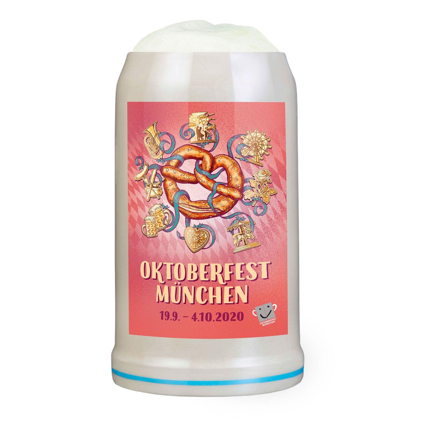 Steingut-Maßkrug mit handgezogenem Henkel, offizielles Oktoberfest-2020-Motiv, detailreich bunt bedruckt.