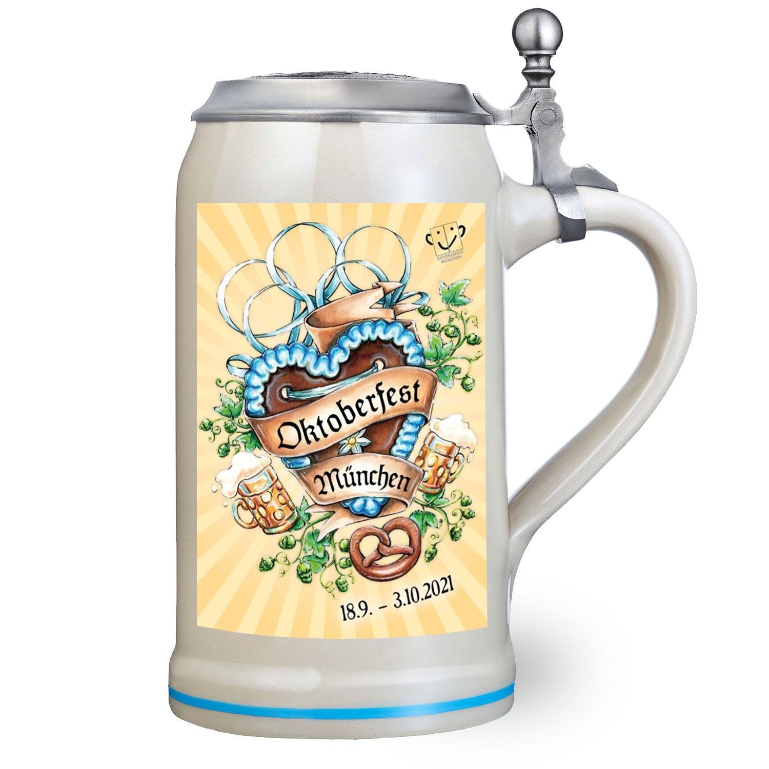 Limitierter Oktoberfestkrug 2021 aus Steingut mit Zinndeckel, farbigem Wiesn-Motiv und Schriftzug, 1,0 Liter.