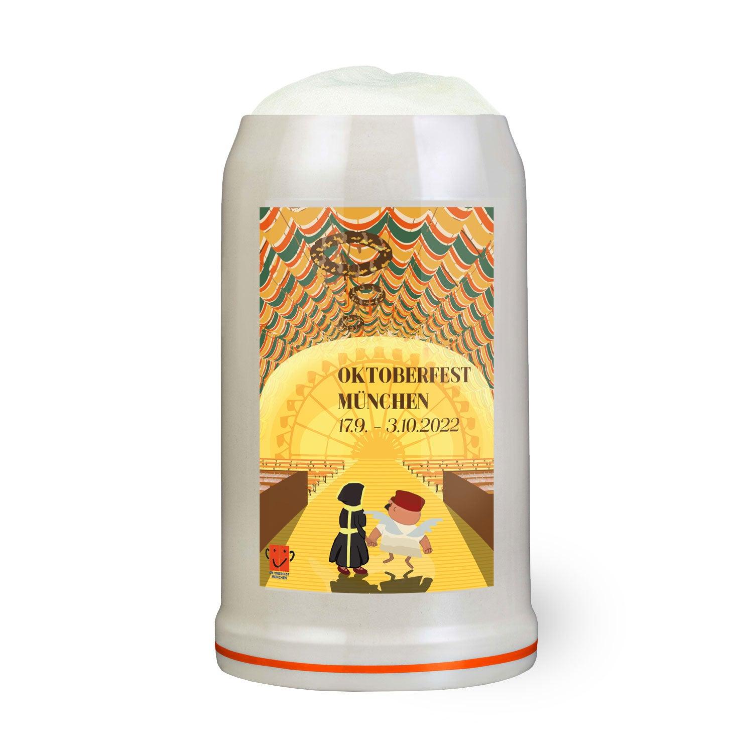 Limitierter Oktoberfestkrug 2022 aus Steingut mit Henkel, farbigem Motiv und Schriftzug „Oktoberfest 2022“, 1,0 l.