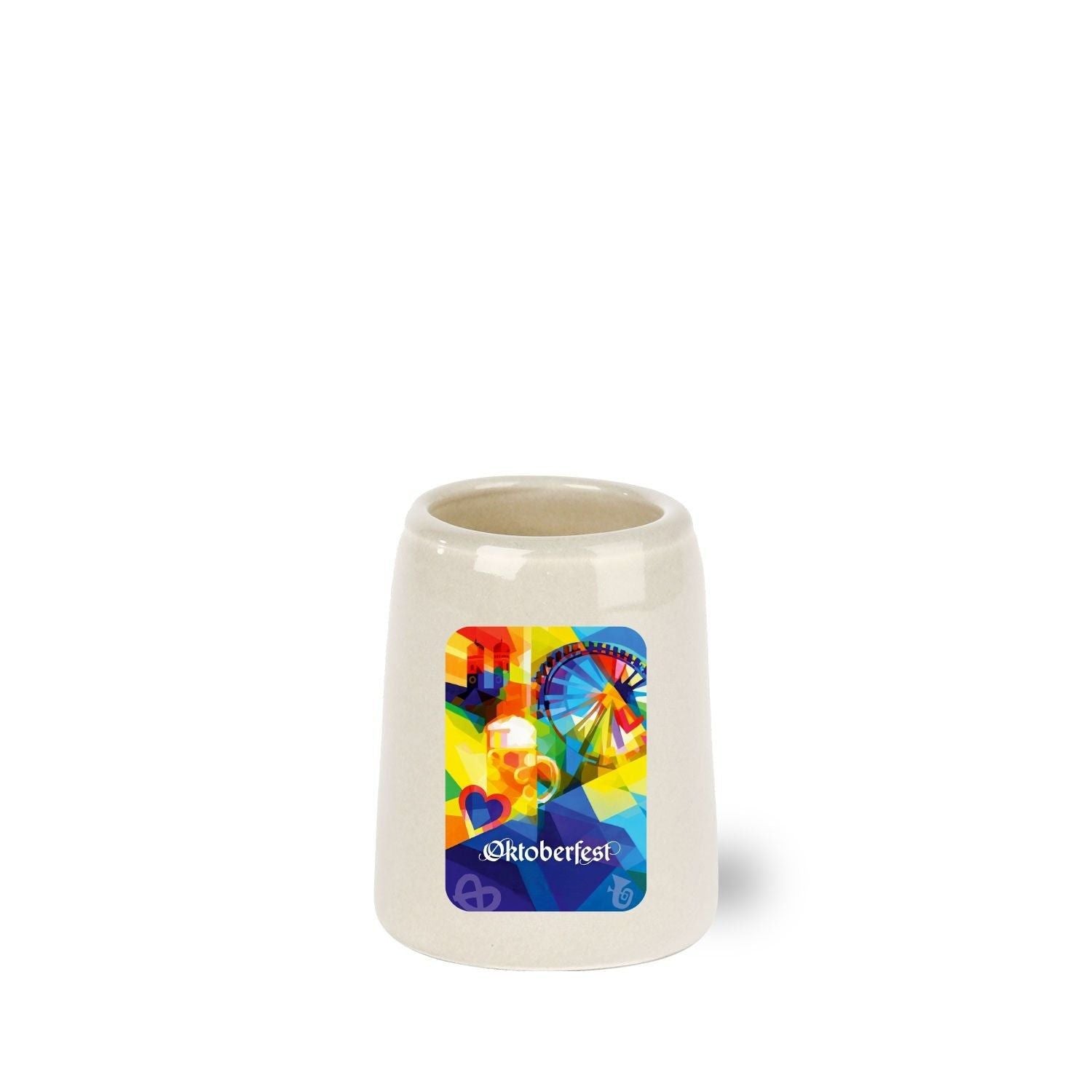 Offizieller Oktoberfest 2026 Mini-Steinkrug mit buntem Logo, Riesenrad und Bierkrug Motiven.