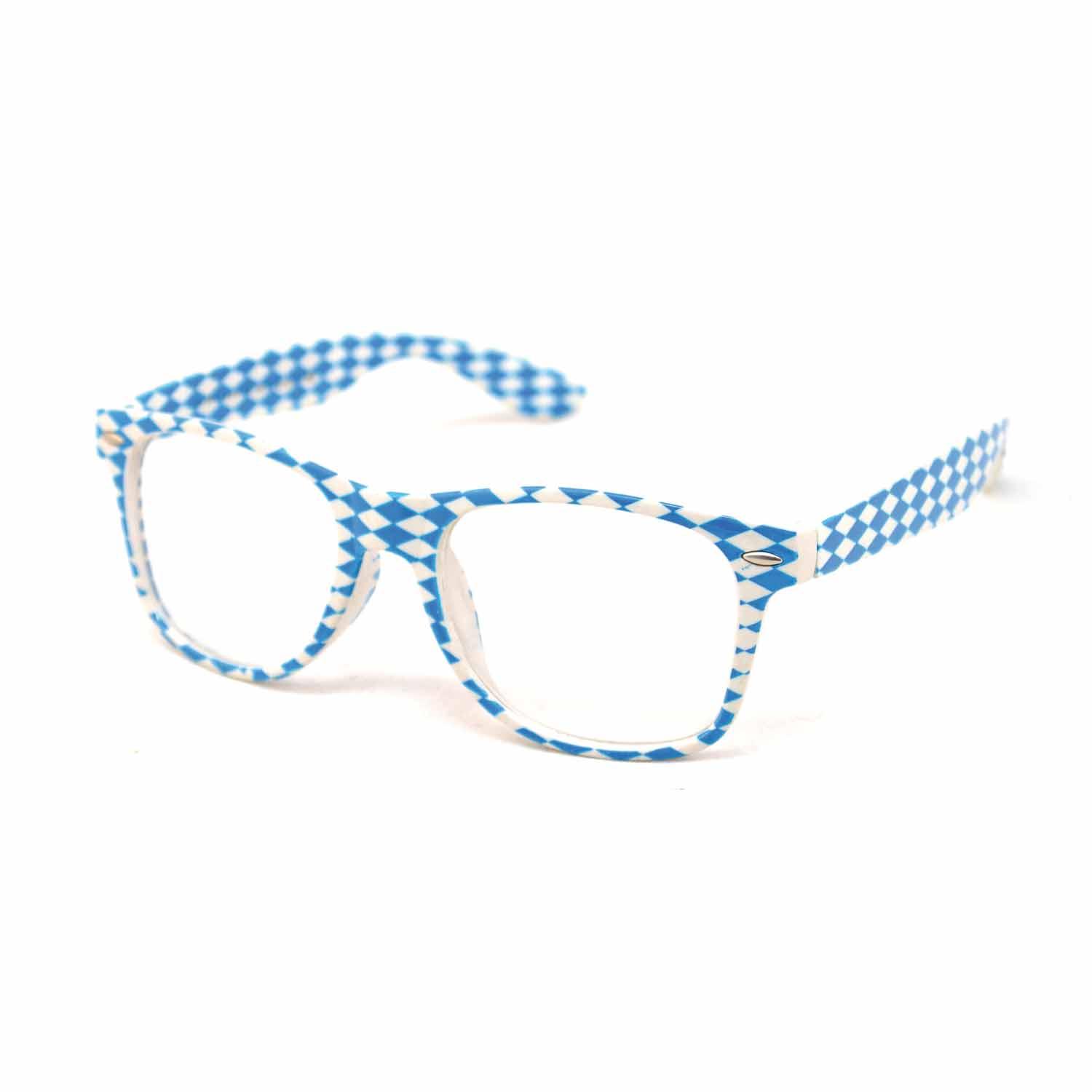 Oktoberfest-Brille mit klarem Glas, blau-weiß kariertem Rahmen und traditionellem bayerischem Herz-Motiv.