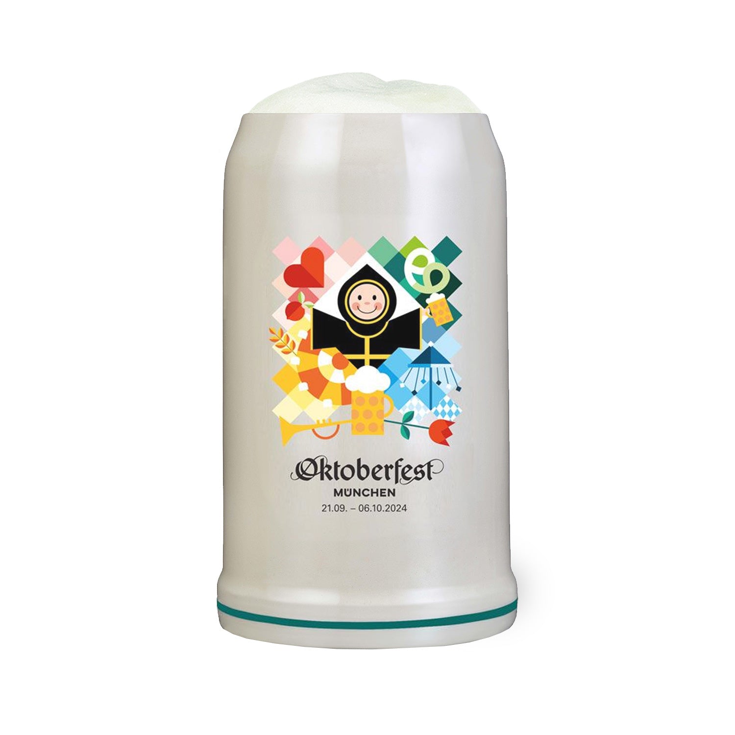 Offizieller Oktoberfestkrug 2024 aus Steingut mit aufgedrucktem Plakatmotiv, zylindrische Form, 1,0 Liter.