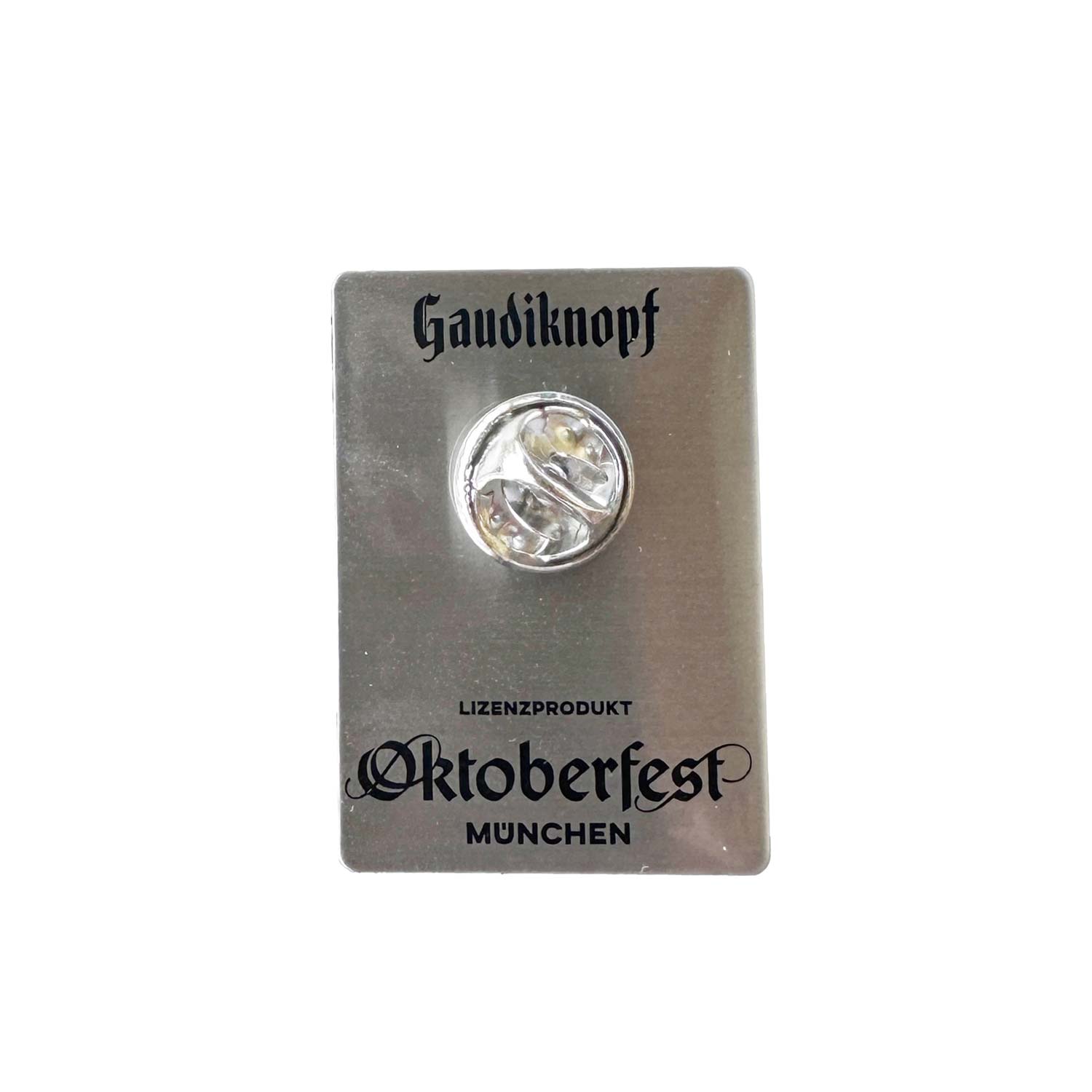Silberfarbener Metallpin Oktoberfest 2024 offiziell mit Gaudi Knopf Design und Lizenzprodukt Aufschrift München.