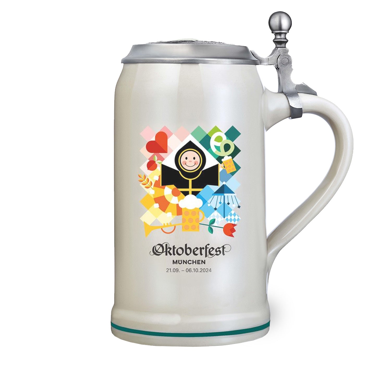 Oktoberfest Sammlerkrug 2024 mit Zinndeckel aus Keramik, Plakatmotiv vorne, 1 Liter, B-Ware mit leichten Mängeln