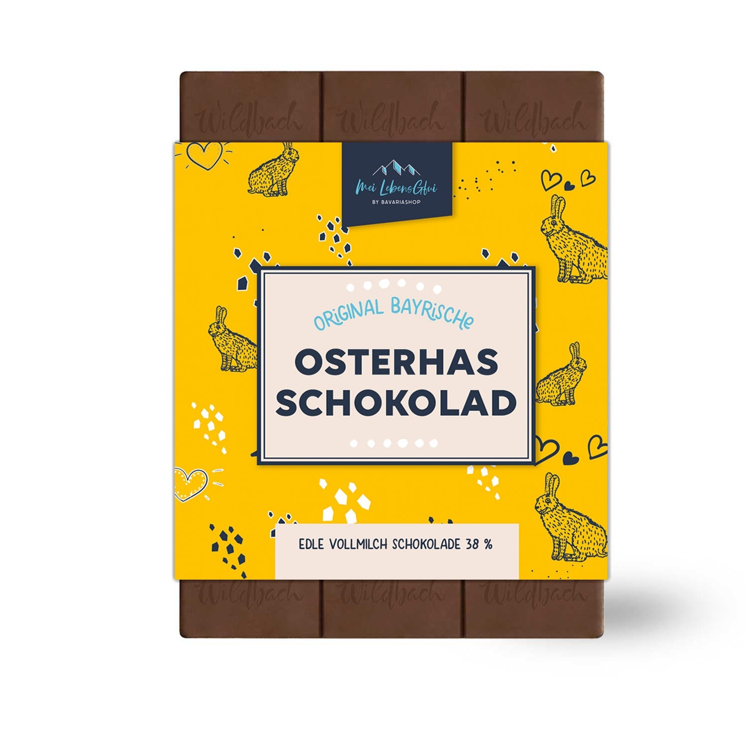 Osterhasenfigur aus Schokolade, Herz aus Lebkuchen mit Aufschrift „Gruaß vom Osterhas“, Flasche Kräuterlimo.