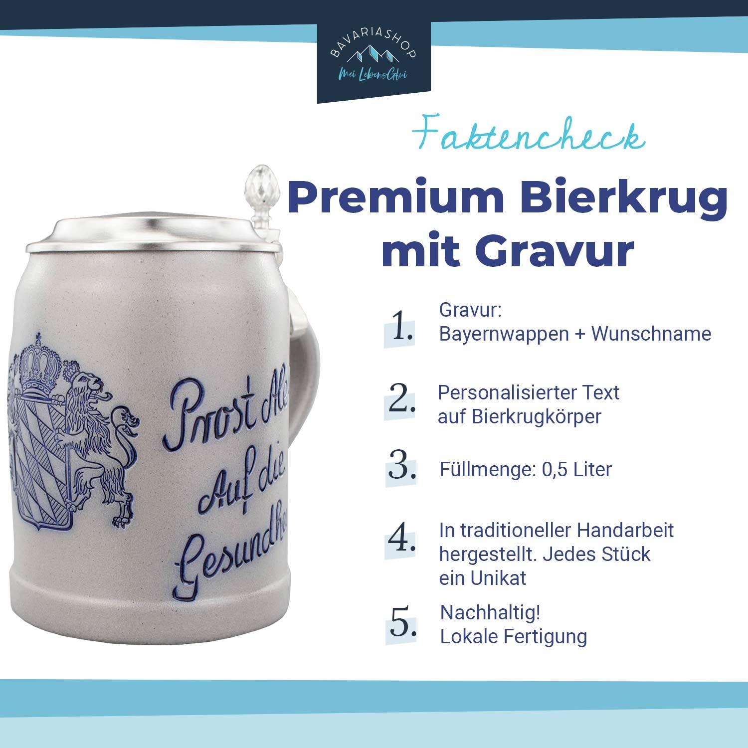 Traditioneller Bierkrug mit Zinndeckel, Salzglasur, blauer Gravur „Bayern“, grau-blau, 0,5 l, Steingut.