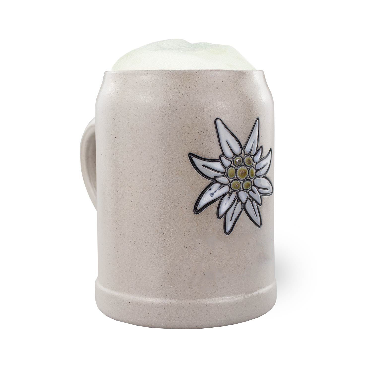 Handgefertigter Steinkrug mit Edelweiß-Prägemotiv, halbrunde Form, glatte Oberfläche, 0,5 Liter.