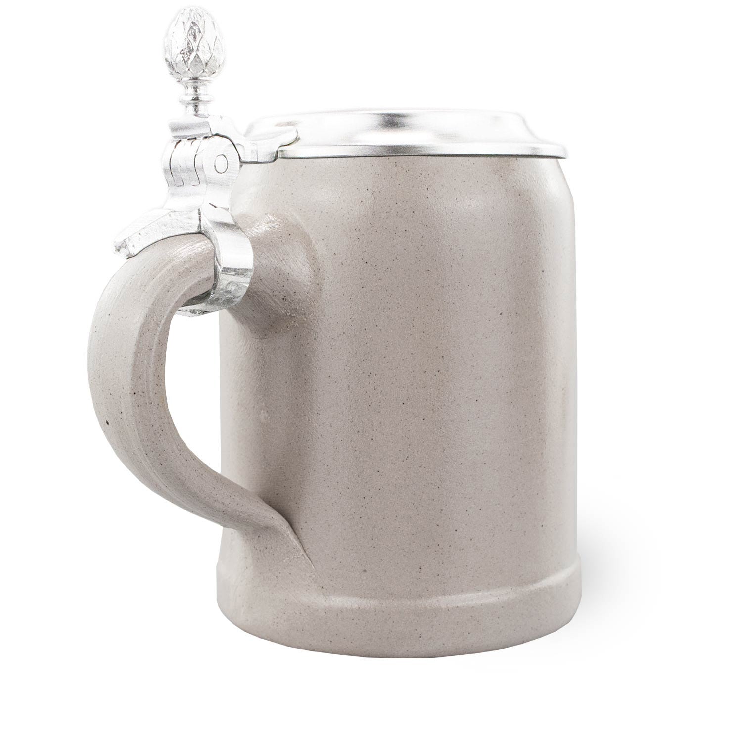 Traditioneller Bierkrug aus Steinzeug mit Zinndeckel, Relief mit Bayernwappen und Edelweiß-Motiv, 0,5 Liter.