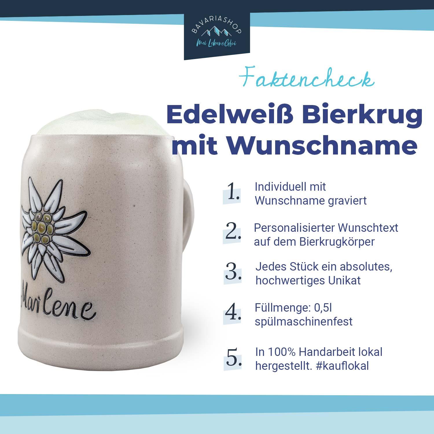 Steinkrug mit Salzglasur, individueller Gravur und Edelweiß-Motiv, handgefertigt, 0,5 Liter, Farbe naturgrau.