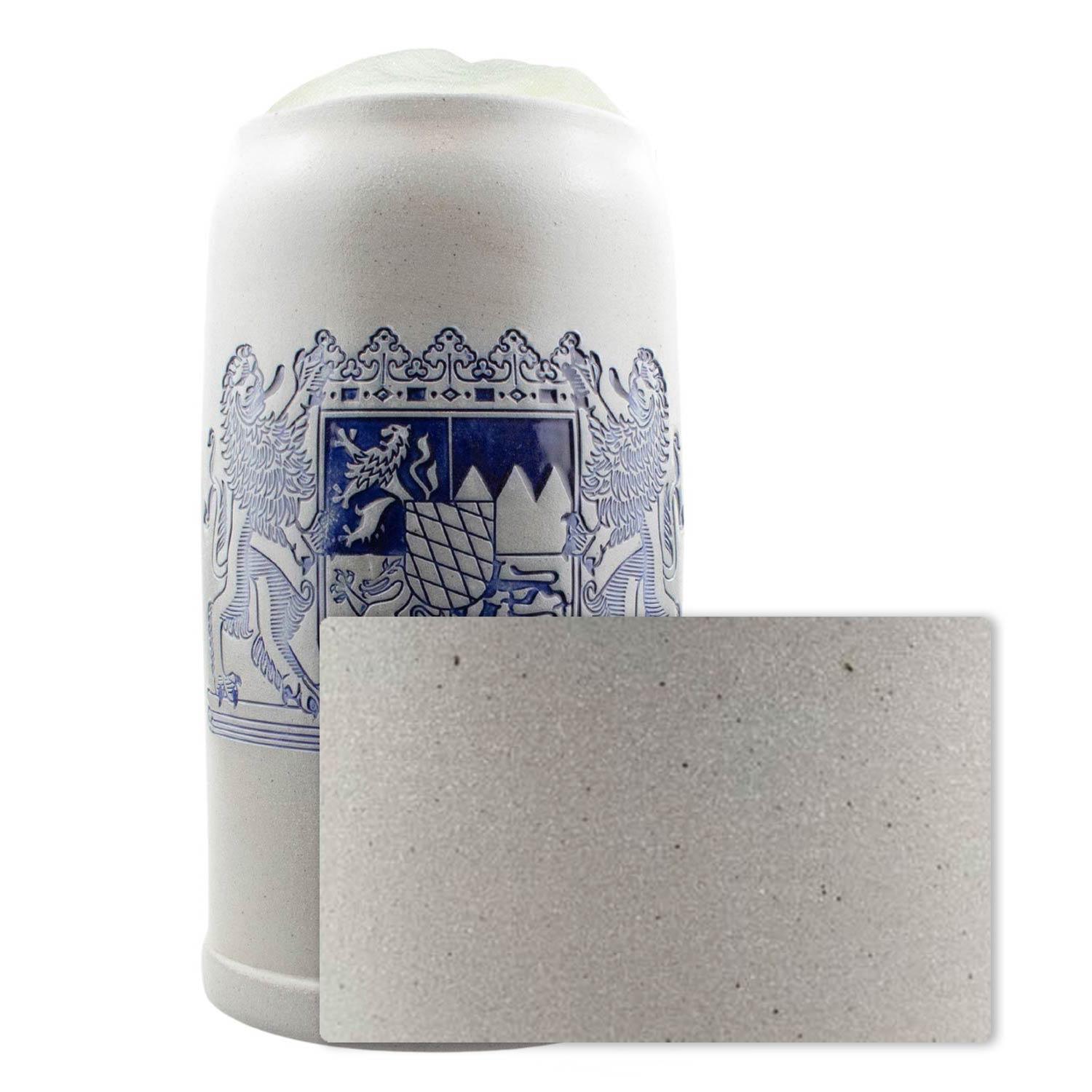 Steinkrug mit blauer Gravur „Freistaat Bayern“ in Salzglasur, Henkel rechts, individuell personalisierbar, 1 Liter.
