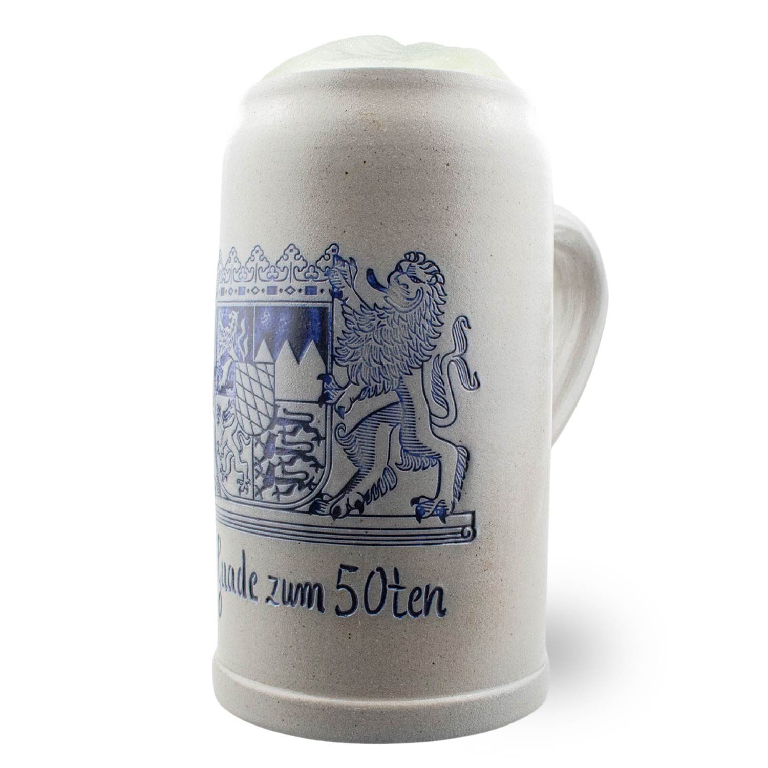 Traditioneller Bierkrug aus Steinzeug mit blauem „Freistaat Bayern“-Schriftzug und individueller Gravur.