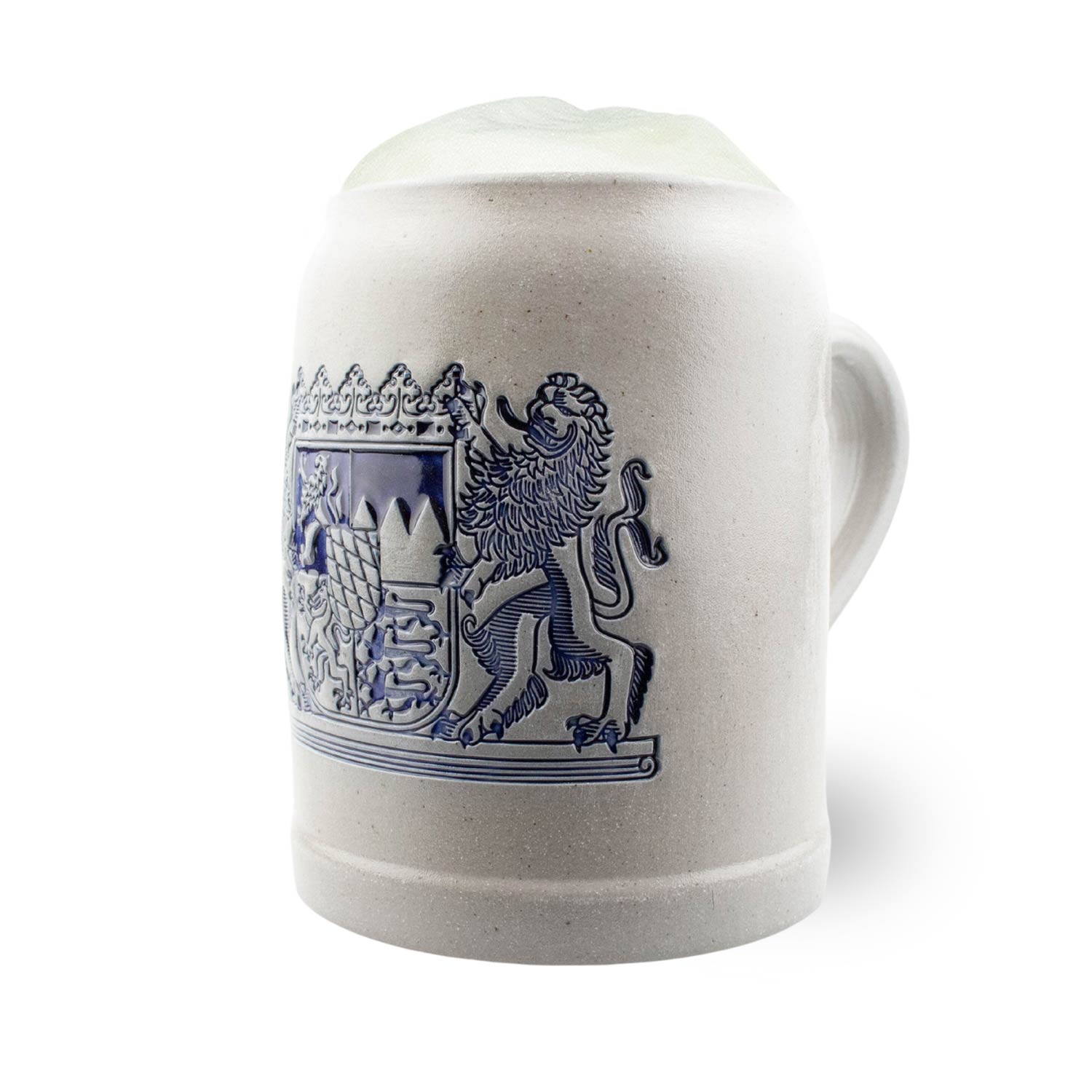 Traditionell gefertigter Steinkrug mit geprägtem Bayern-Wappen, bauchiger Form und 0,5-Liter-Füllmenge.