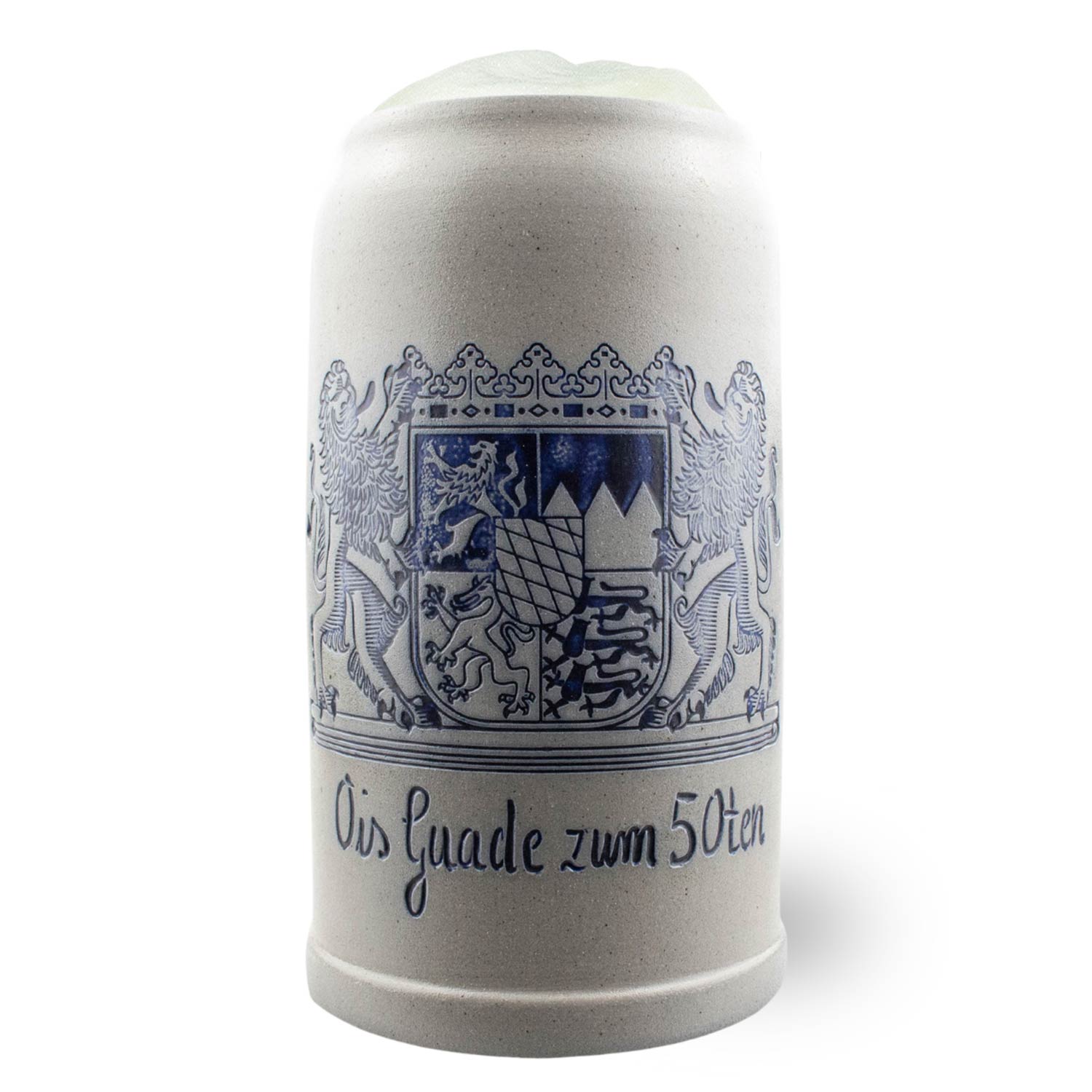 Großer Steinkrug mit blauer Gravur "Freistaat Bayern" und bayerischem Wappen, in Salzglasur, 1 Liter.