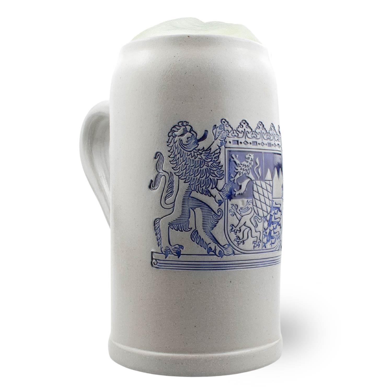 Traditioneller Bierkrug aus Steinzeug mit bayerischem Wappen-Prägemotiv, grau-beige, Fassungsvermögen 1 Liter