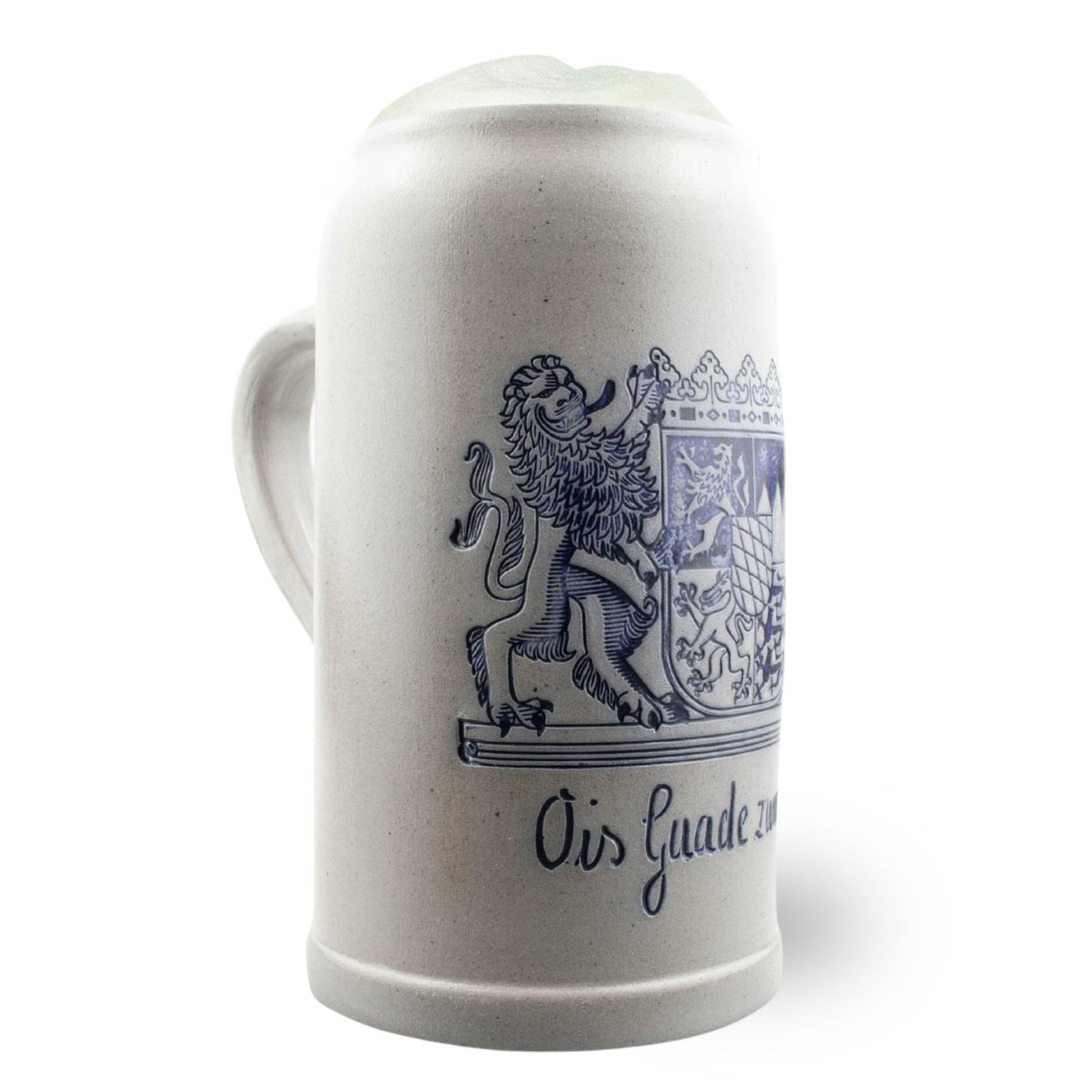 Großer Bierkrug aus Steinzeug mit Salzglasur, blauer Gravurschrift „Freistaat Bayern“, glatter Henkel, 1,0 Liter.