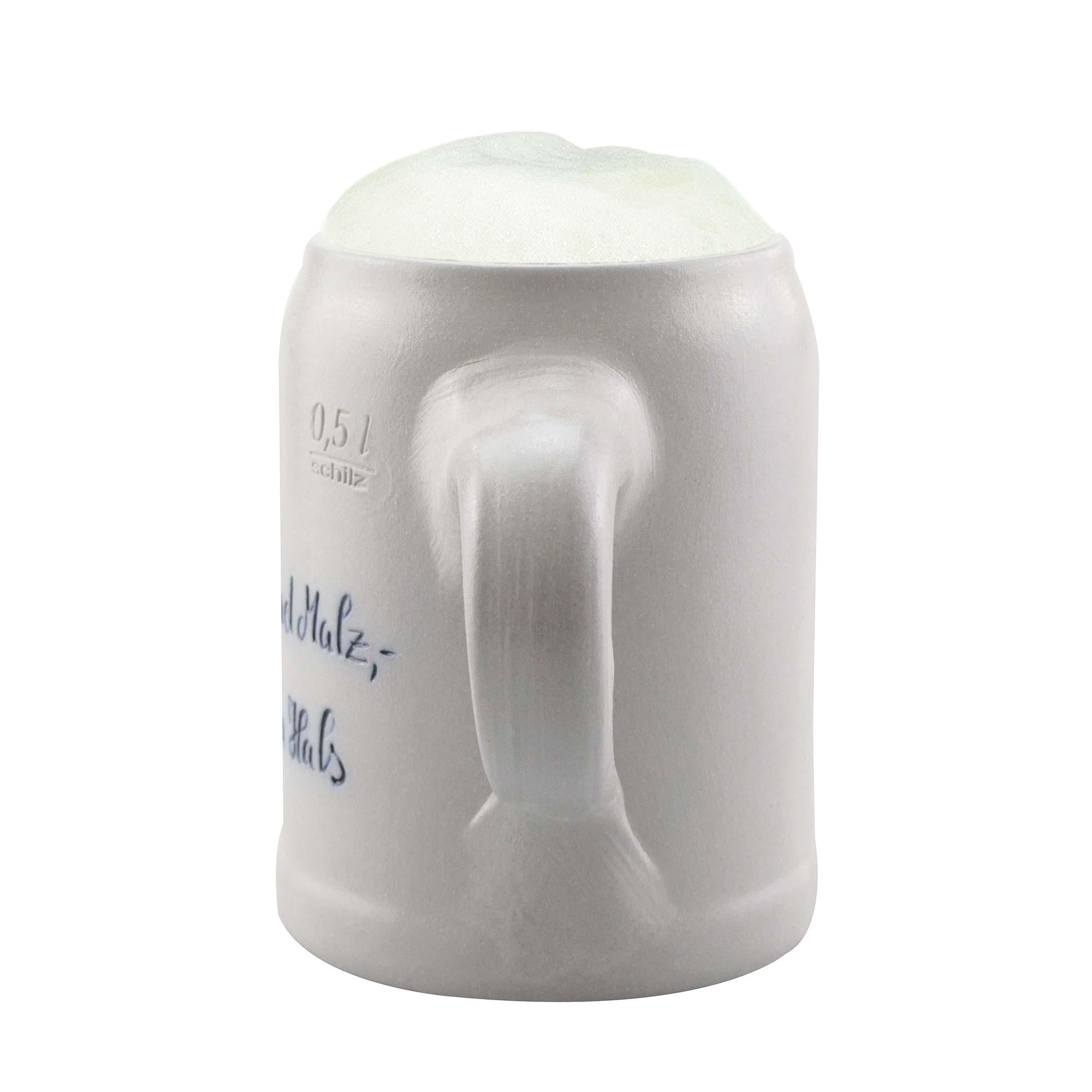 Hellgrauer Steinkrug mit Salzglasur, bauchiger Form, blauem Schriftzug "Holy Hopfen" und individueller Gravur.