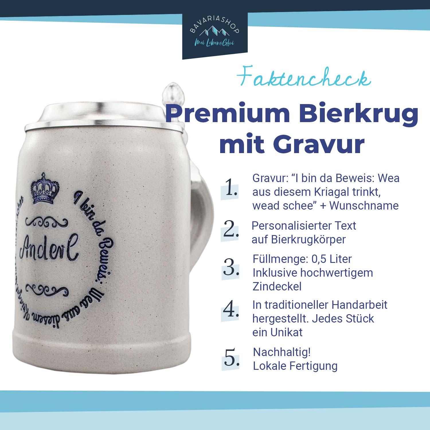 Personalisierbarer Bierkrug aus Steinzeug mit Zinndeckel, blauer Gravur „I bin da Beweis“, Salzglasur, 0,5 Liter