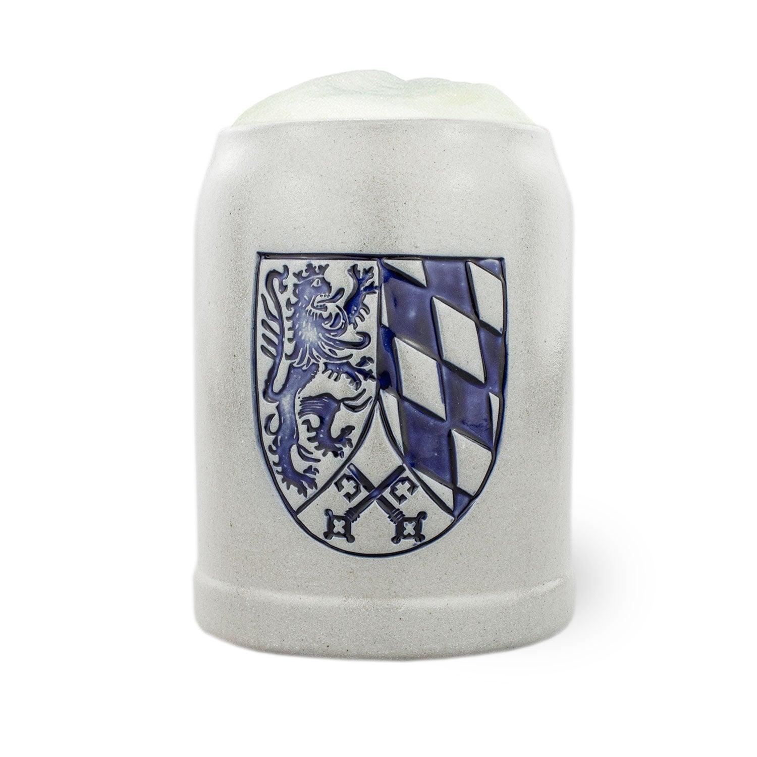 Traditioneller Steinkrug mit geprägtem Wappenmotiv und Schriftzug „Oberpfalz“, zylindrische Form, 0,5 Liter.