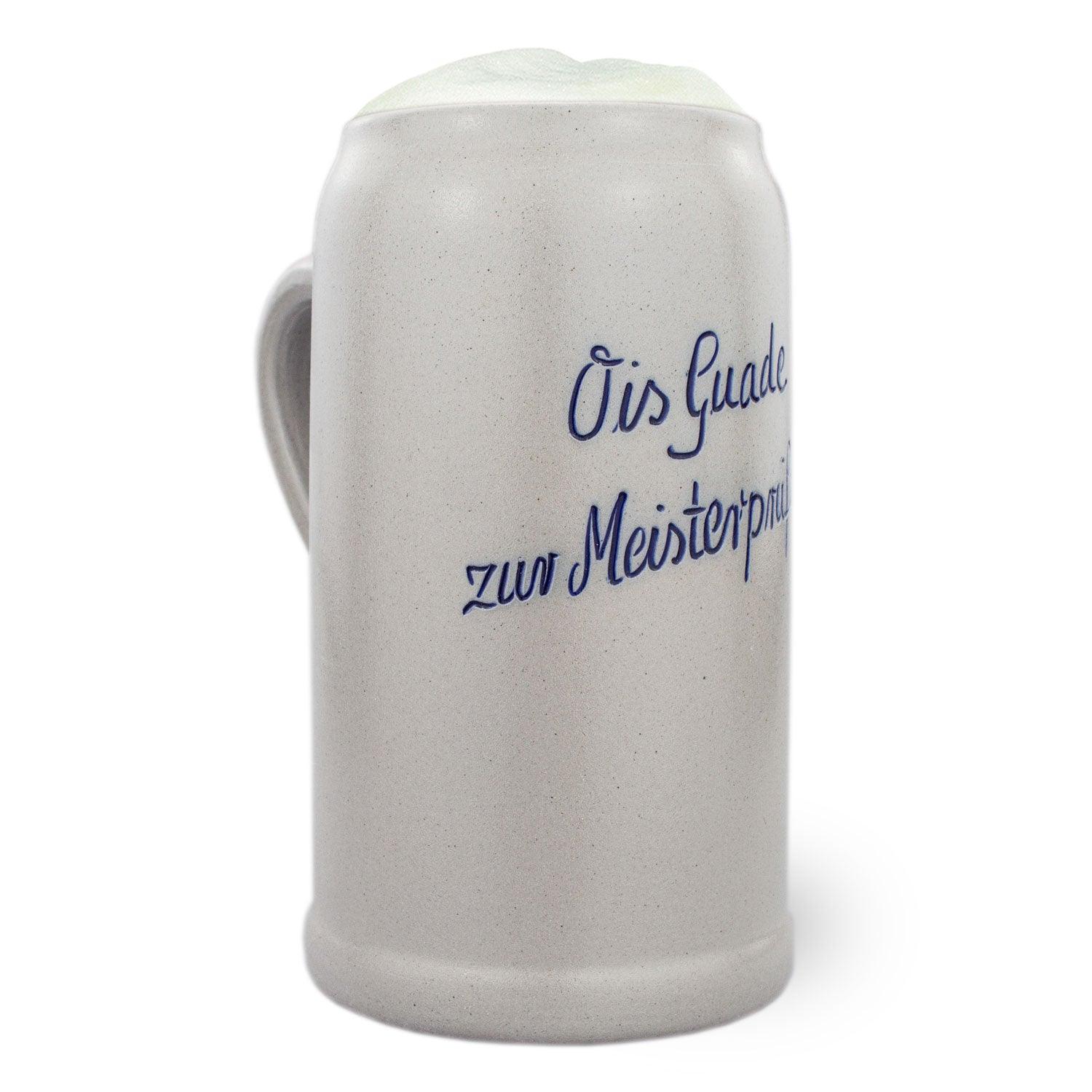 Personalisierbarer Steinkrug aus Salzglasur mit blauer Gravur, traditionell handgefertigt, 1,0 Liter.
