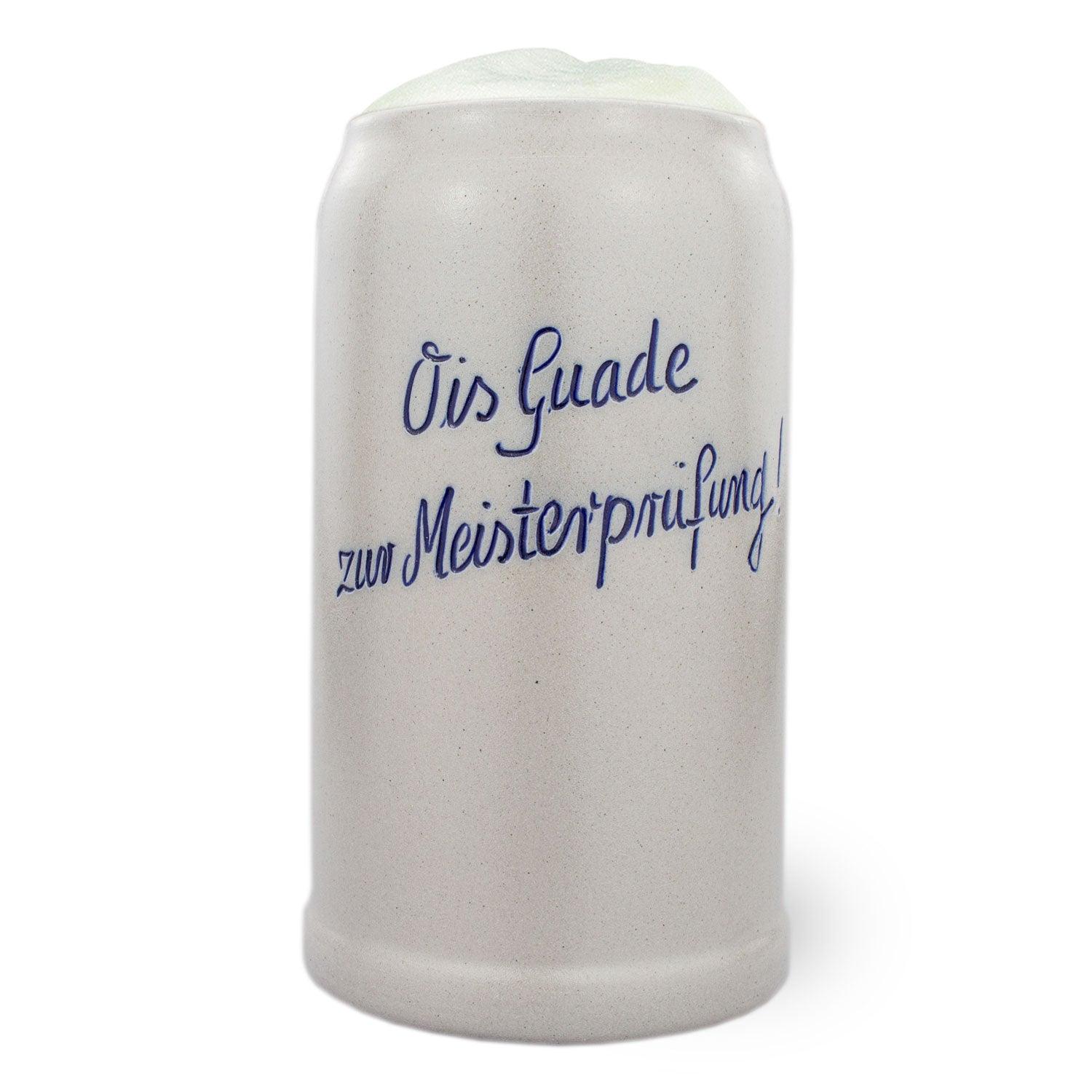 Steinkrug aus salzglasiertem Steinzeug mit blauem Schriftzug „Mei Lebensgfüi“, 1,0 Liter, handgraviert.