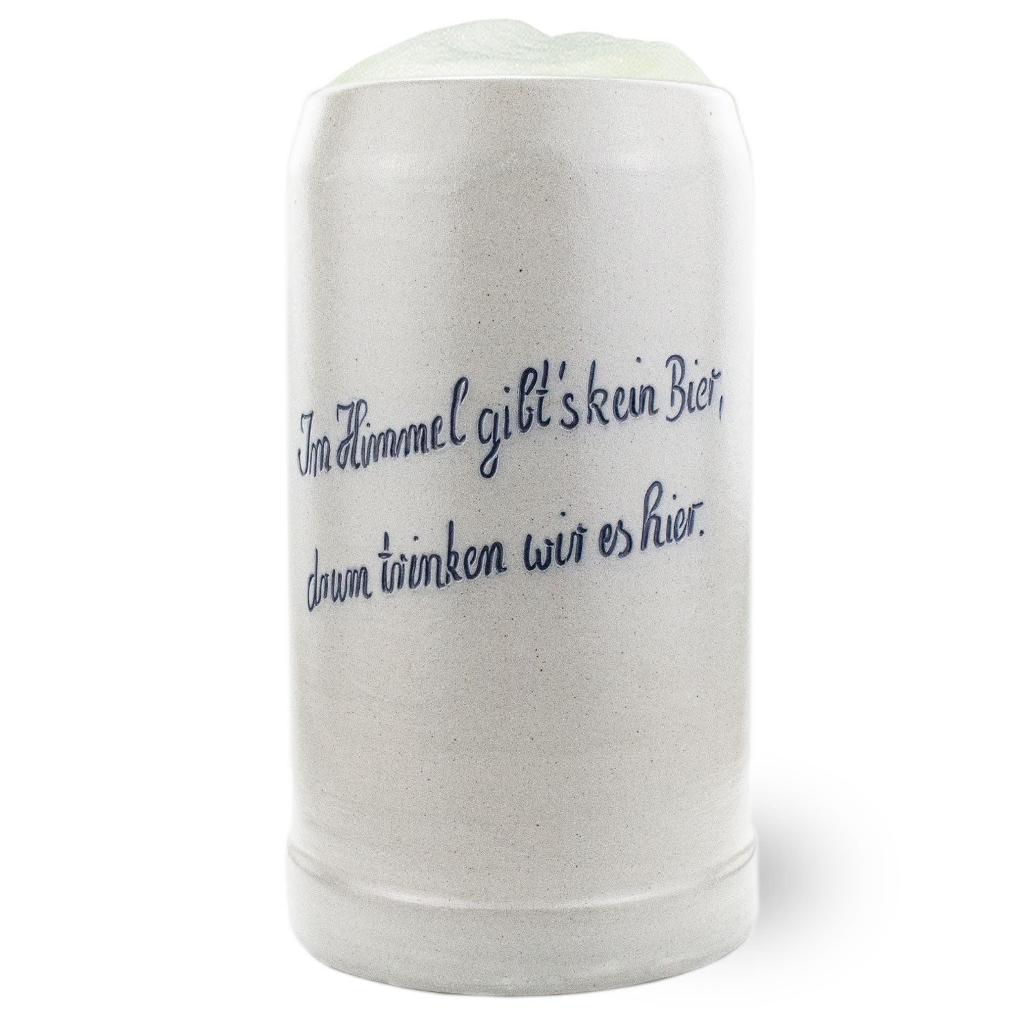 Großer Steinkrug aus salzglasiertem Steinzeug mit individuell graviertem Schriftzug in blauer Emaille, 2 Liter.