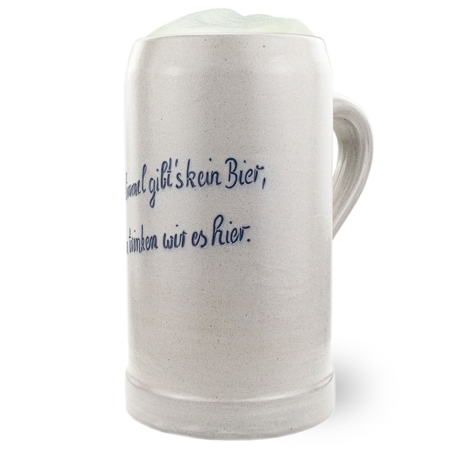 Salzglasierter Steinkrug mit personalisierter Gravur, blauer Schrift und traditioneller Henkelform, 2,0 Liter.