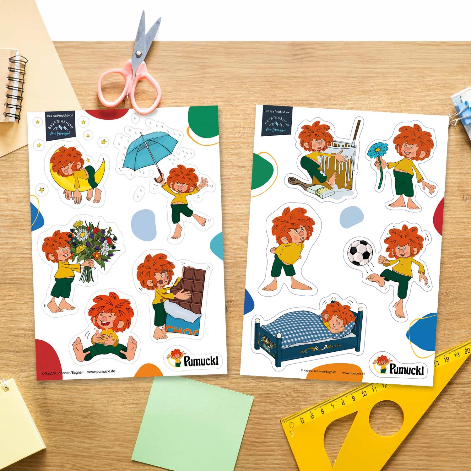 Sticker-Set mit 12 farbenfrohen Pumuckl-Motiven auf zwei DIN A5 Bögen, rückstandslos ablösbar.