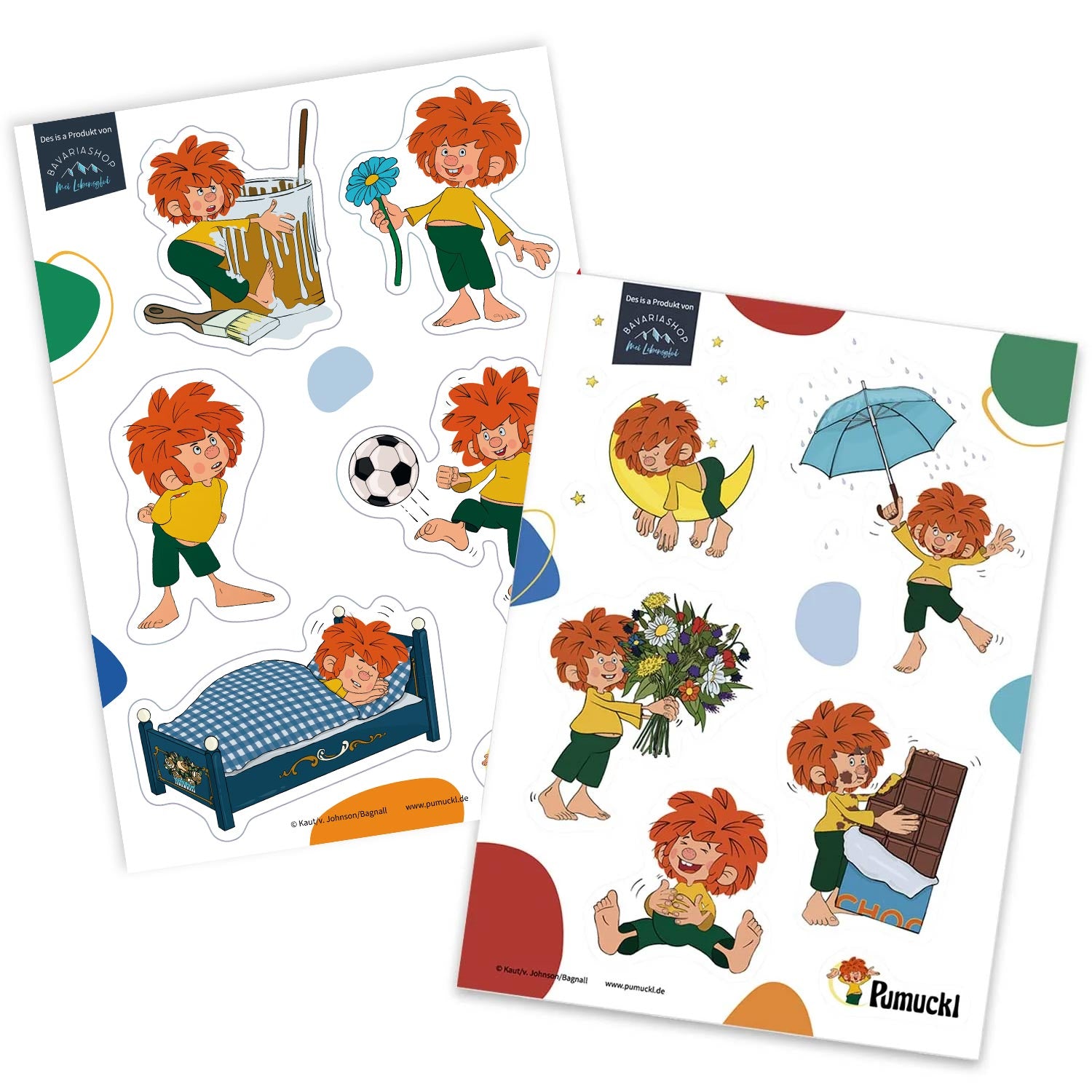 Sticker-Set mit 12 Pumuckl-Motiven auf zwei DIN A5 Bögen, farbig bedruckt, rückstandslos ablösbar.